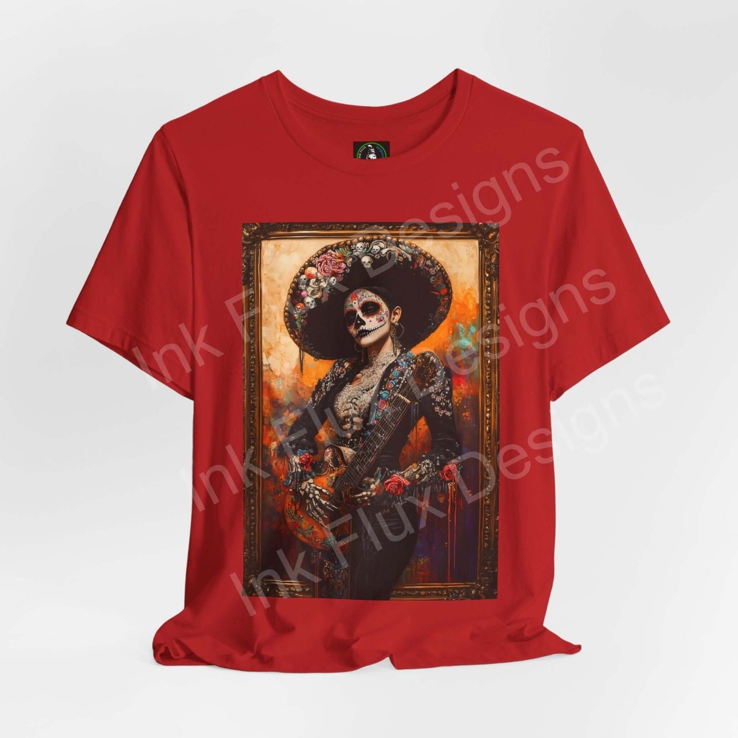 Red Day of the Dead T-shirt featuring a Charro Woman graphic, with detailed skull makeup and floral motifs, ideal for DÃa de Muertos celebrations.