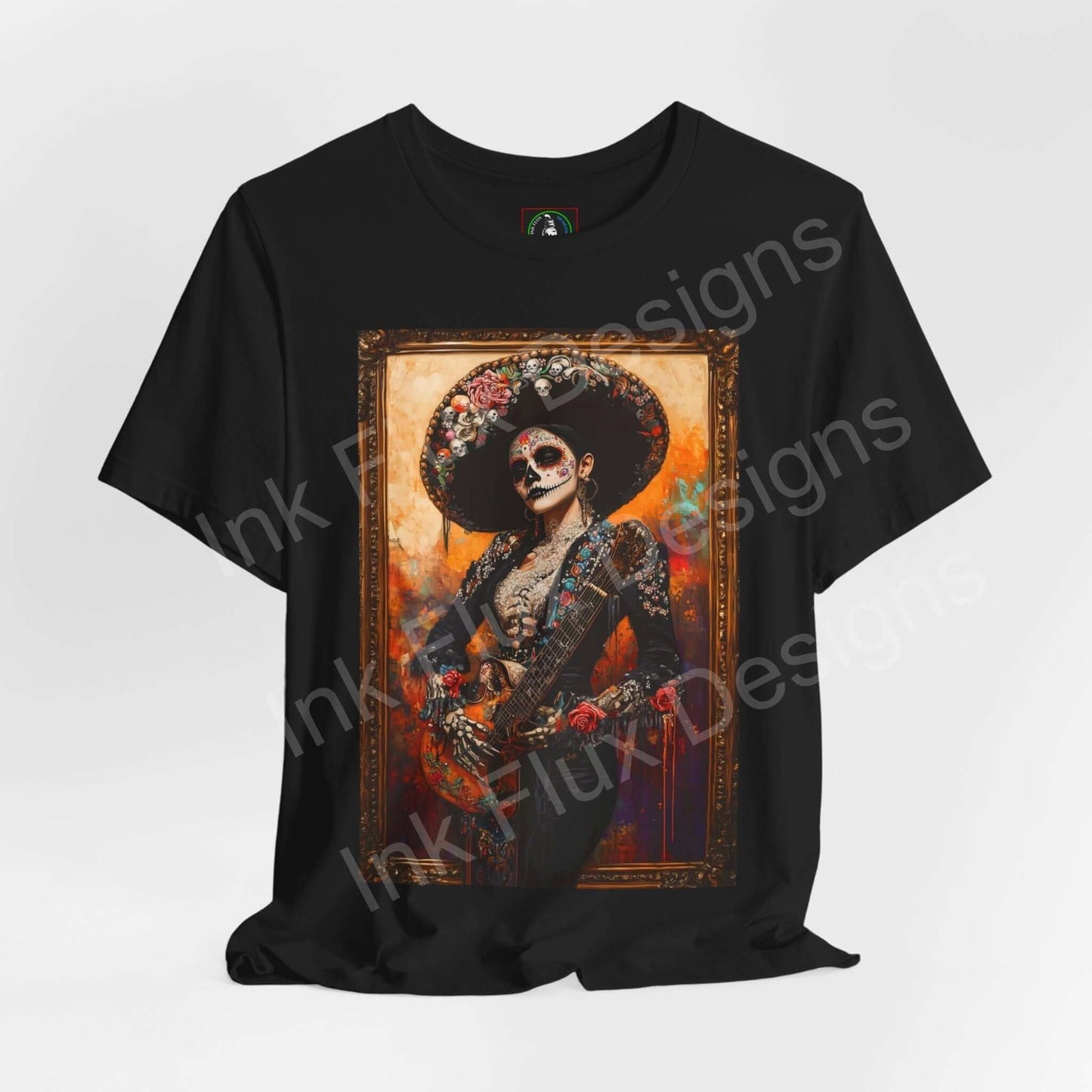 Day of the Dead themed graphic tee featuring a Charro woman in traditional attire, ideal for DÃa de Muertos celebrations.