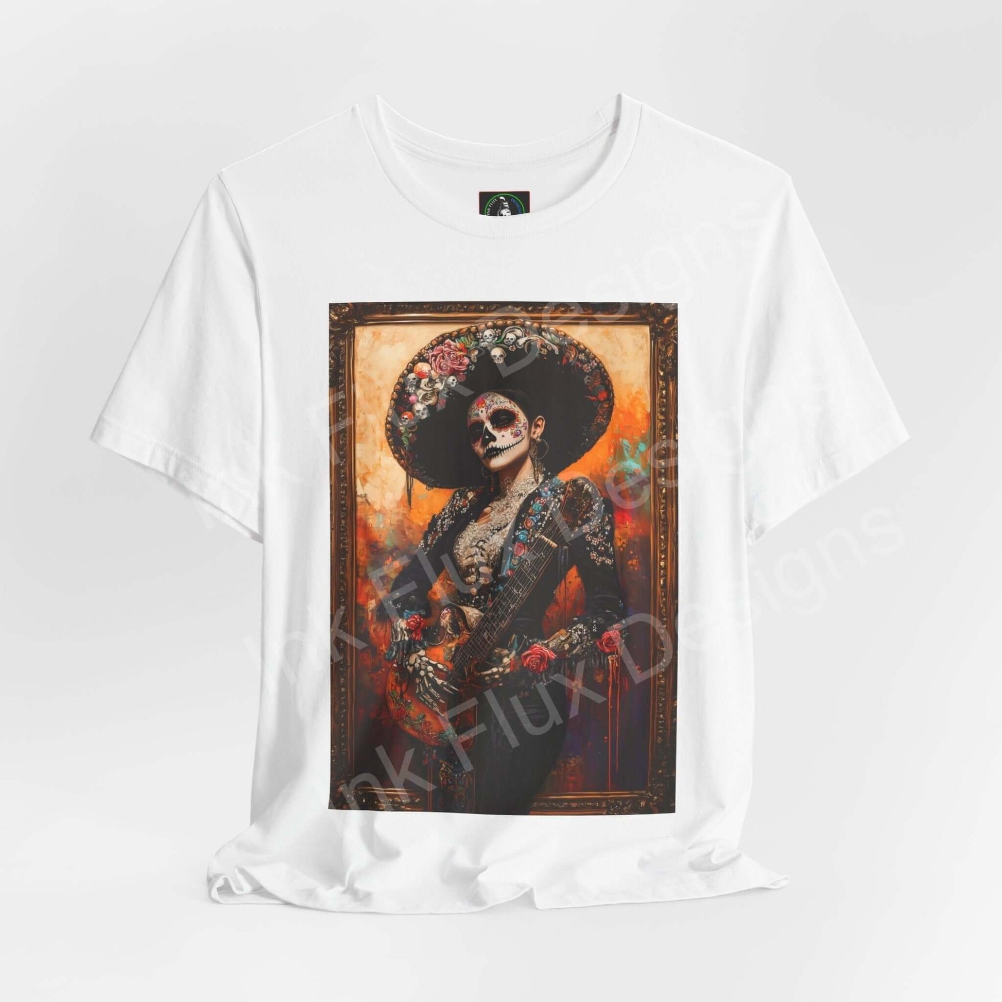 Day of the Dead Charro Woman I graphic tee featuring a colorful DÃa de Muertos inspired design on a white, unisex Bella+Canvas T-shirt.