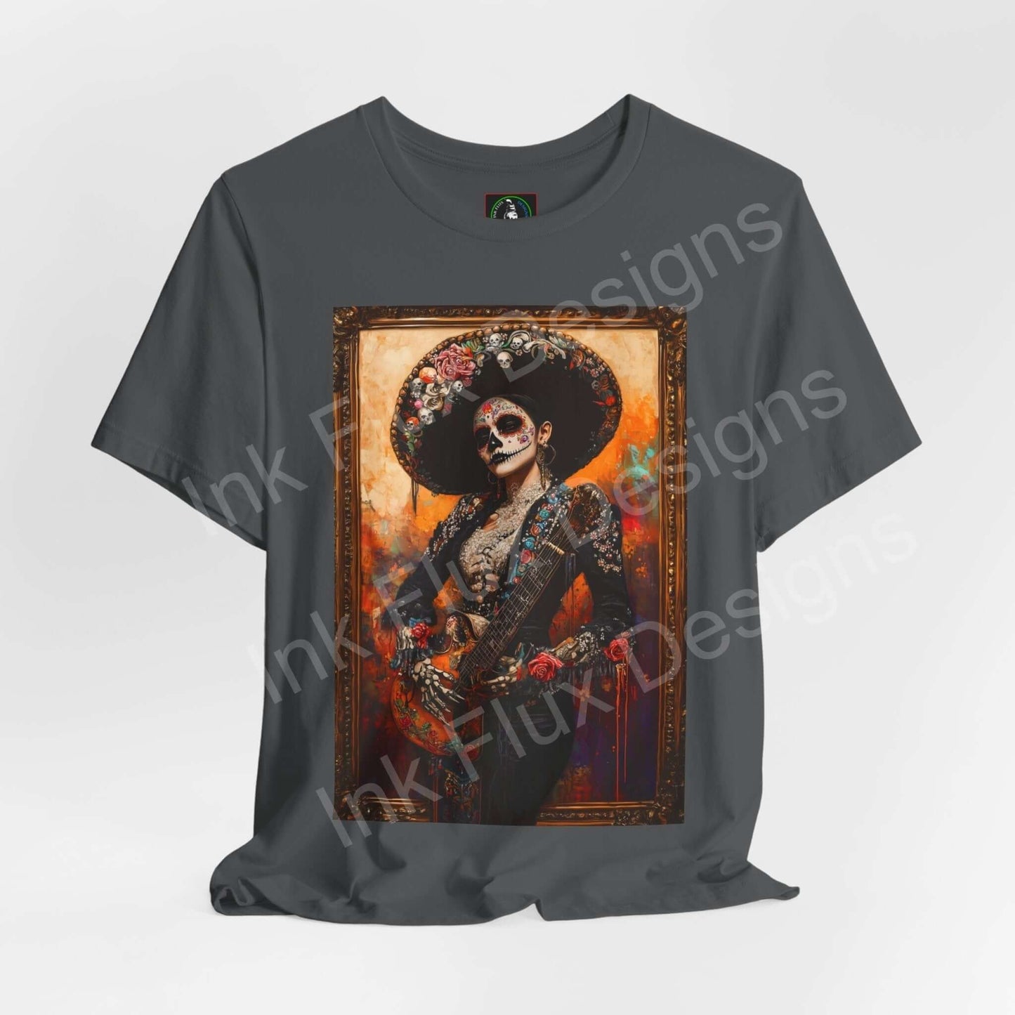 Day of the Dead themed graphic tee featuring a Charro woman in traditional attire, ideal for DÃa de Muertos celebrations.