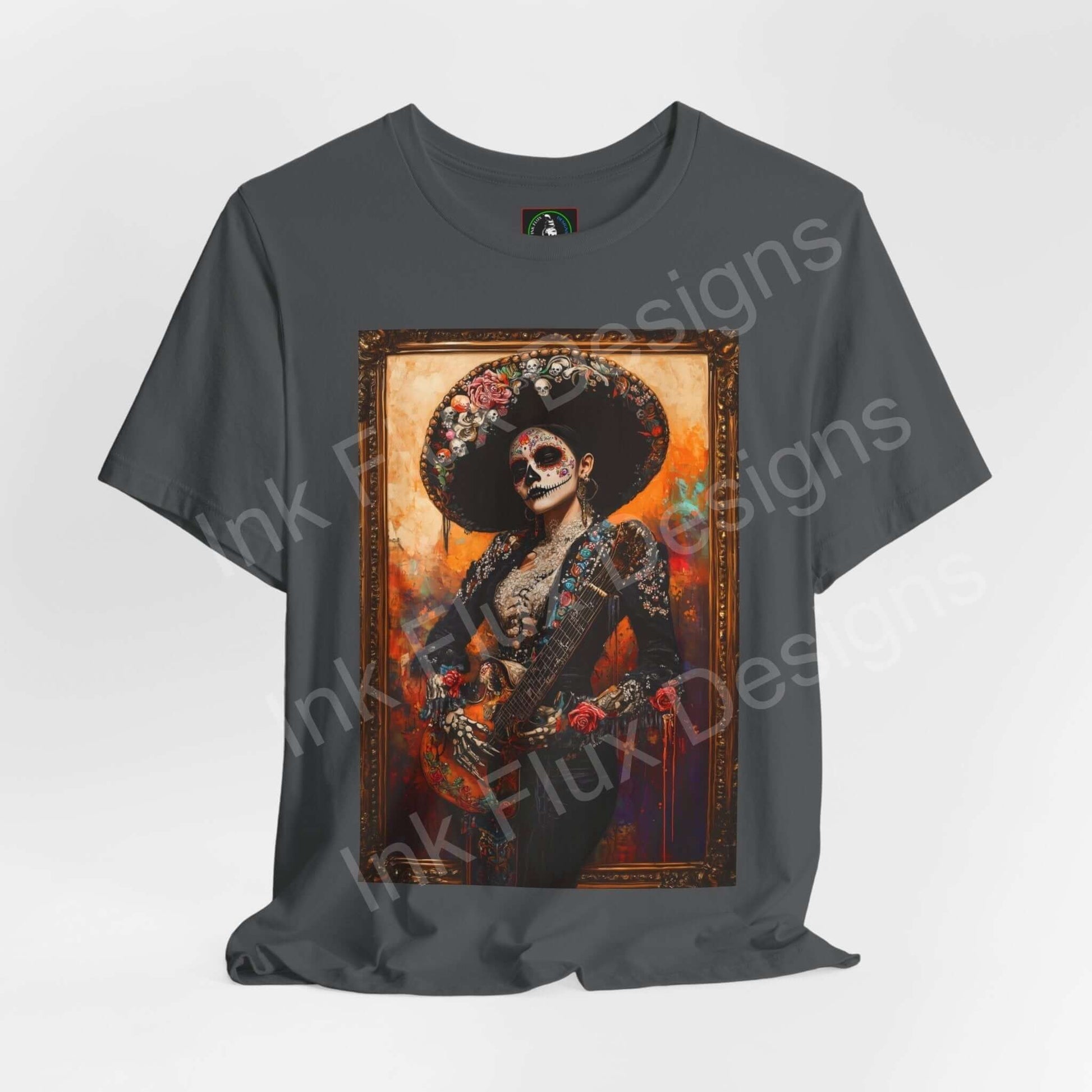 Day of the Dead themed graphic tee featuring a Charro woman in traditional attire, ideal for DÃa de Muertos celebrations.