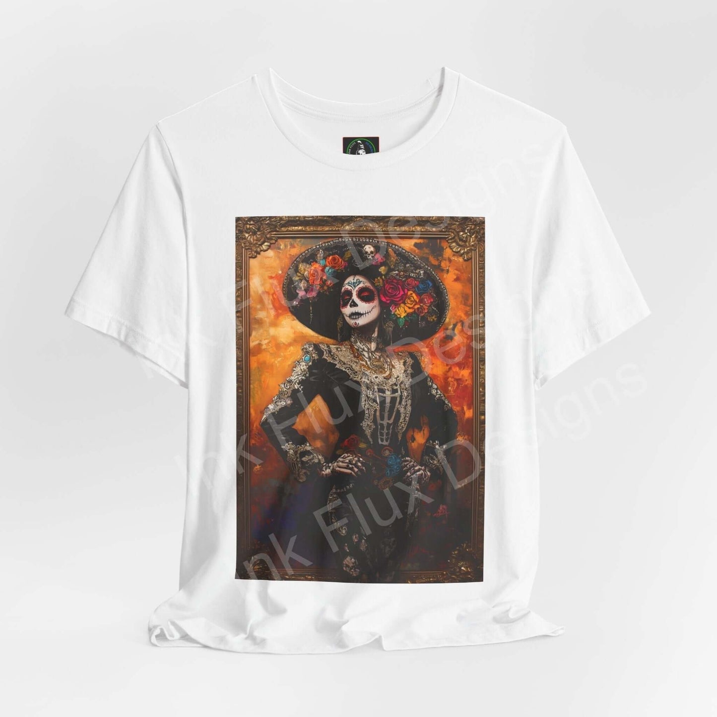 Day of the Dead Charro Woman II graphic tee featuring a vibrant DÃa de Muertos-inspired design on a white, unisex Airlume cotton T-shirt.