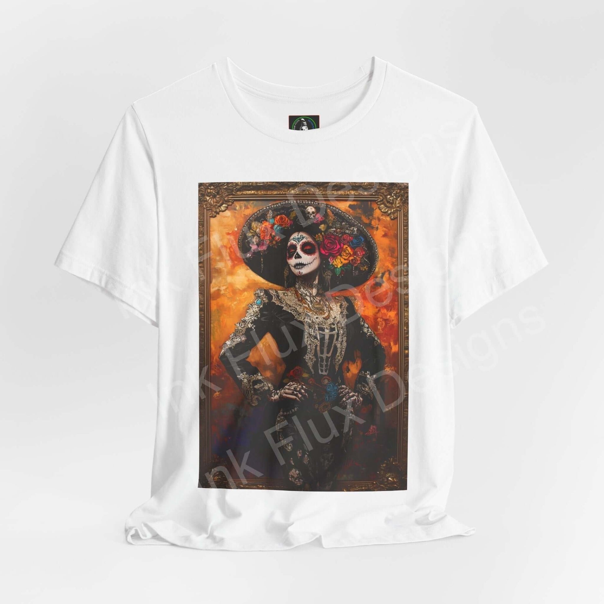 Day of the Dead Charro Woman II graphic tee featuring a vibrant DÃa de Muertos-inspired design on a white, unisex Airlume cotton T-shirt.