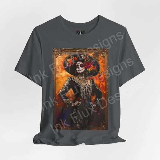 Unisex charcoal grey T-shirt featuring a vibrant Day of the Dead Charro Woman II graphic, perfect for DÃa de Muertos celebrations.