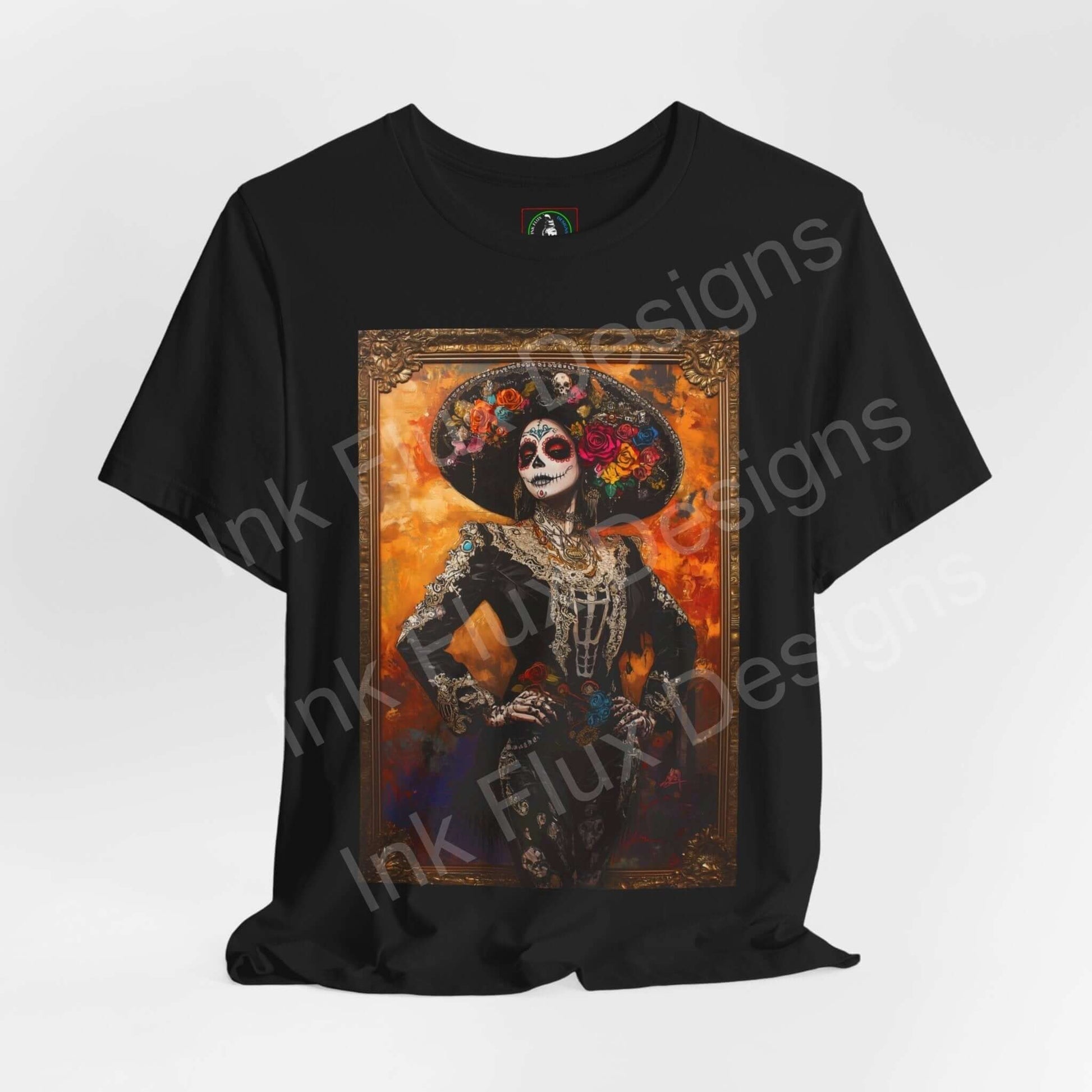 Day of the Dead Charro Woman II graphic tee, featuring a vibrant DÃa de Muertos inspired design on a black unisex T-shirt.