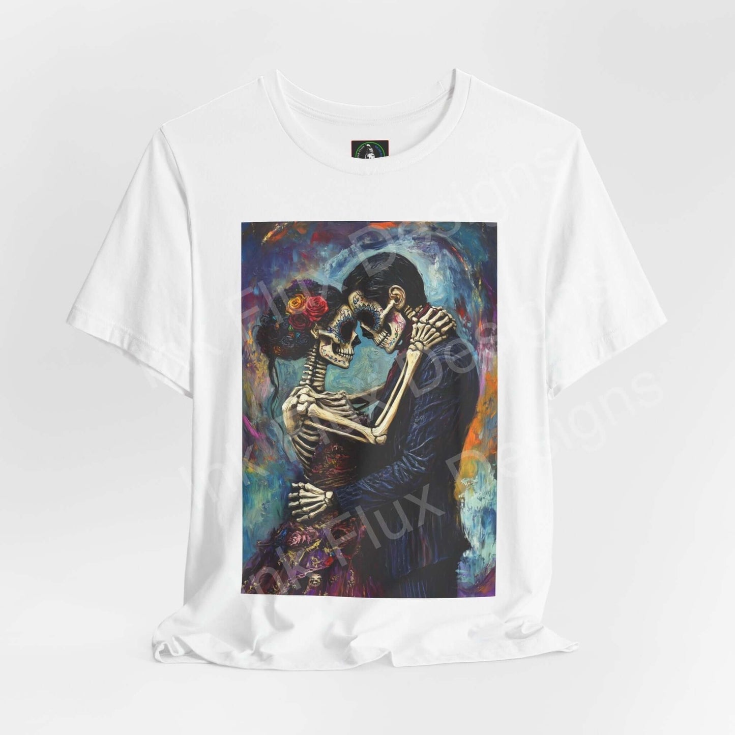 White unisex T-shirt featuring a vibrant Day of the Dead graphic with a skeleton couple embracing, perfect for DÃa de Muertos celebrations.
