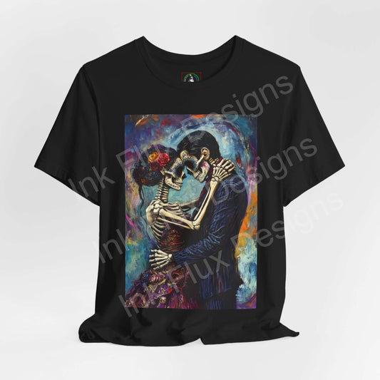 Day of the Dead-themed graphic tee featuring a colorful painting of a skeleton couple embracing, on a black unisex T-shirt.