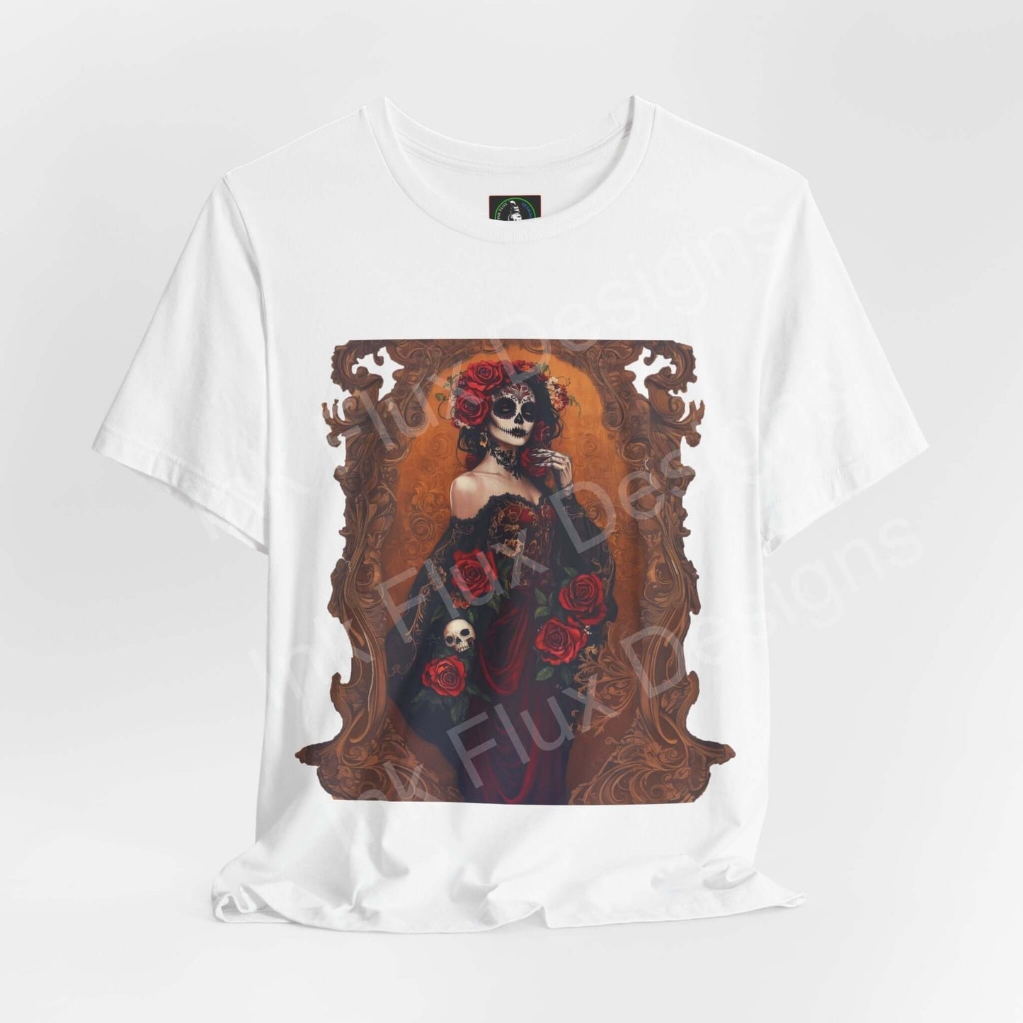 Day of the Dead themed T-shirt featuring a graphic design with a woman adorned in roses and skull makeup, perfect for DÃa de Muertos celebrations.