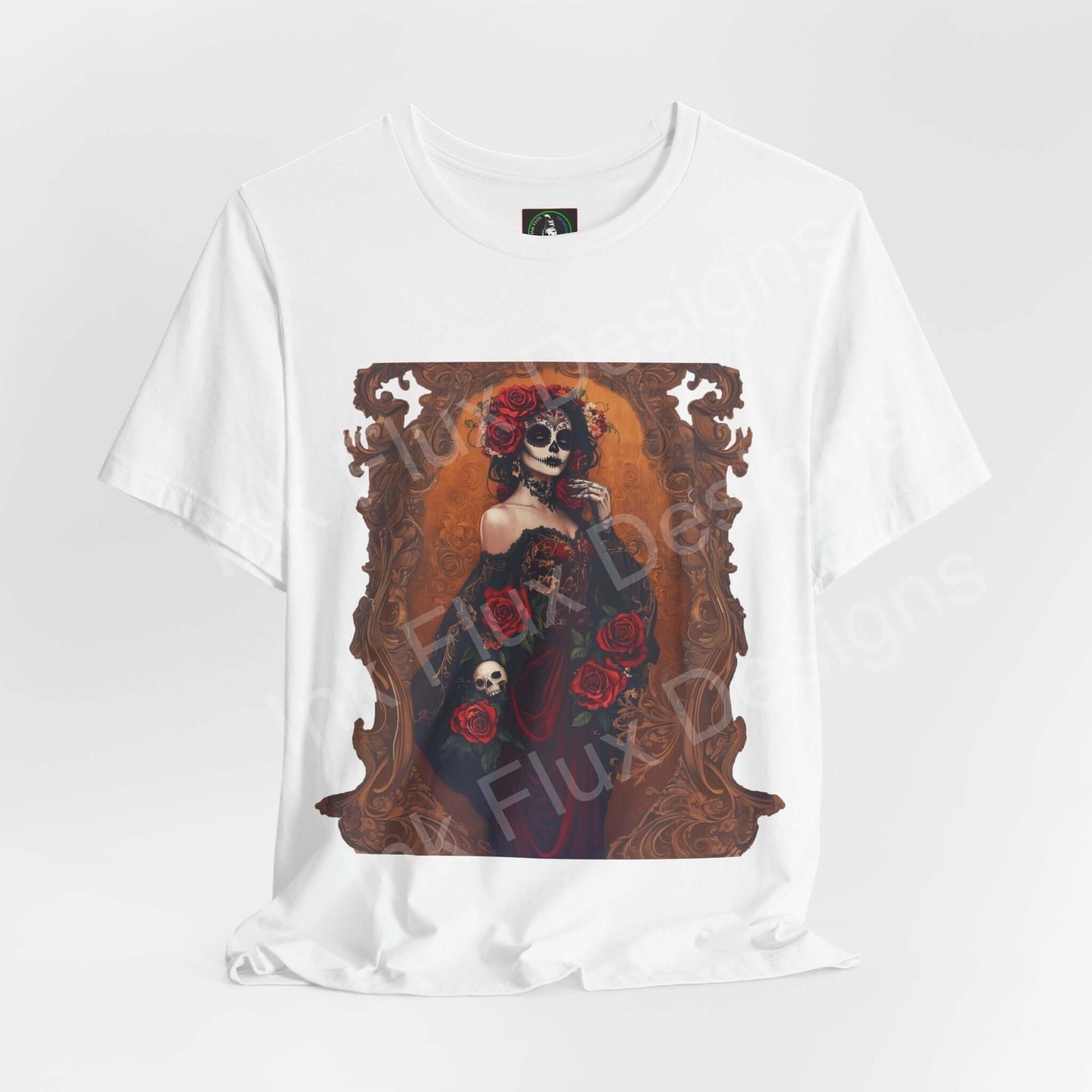 Day of the Dead themed T-shirt featuring a graphic design with a woman adorned in roses and skull makeup, perfect for DÃa de Muertos celebrations.