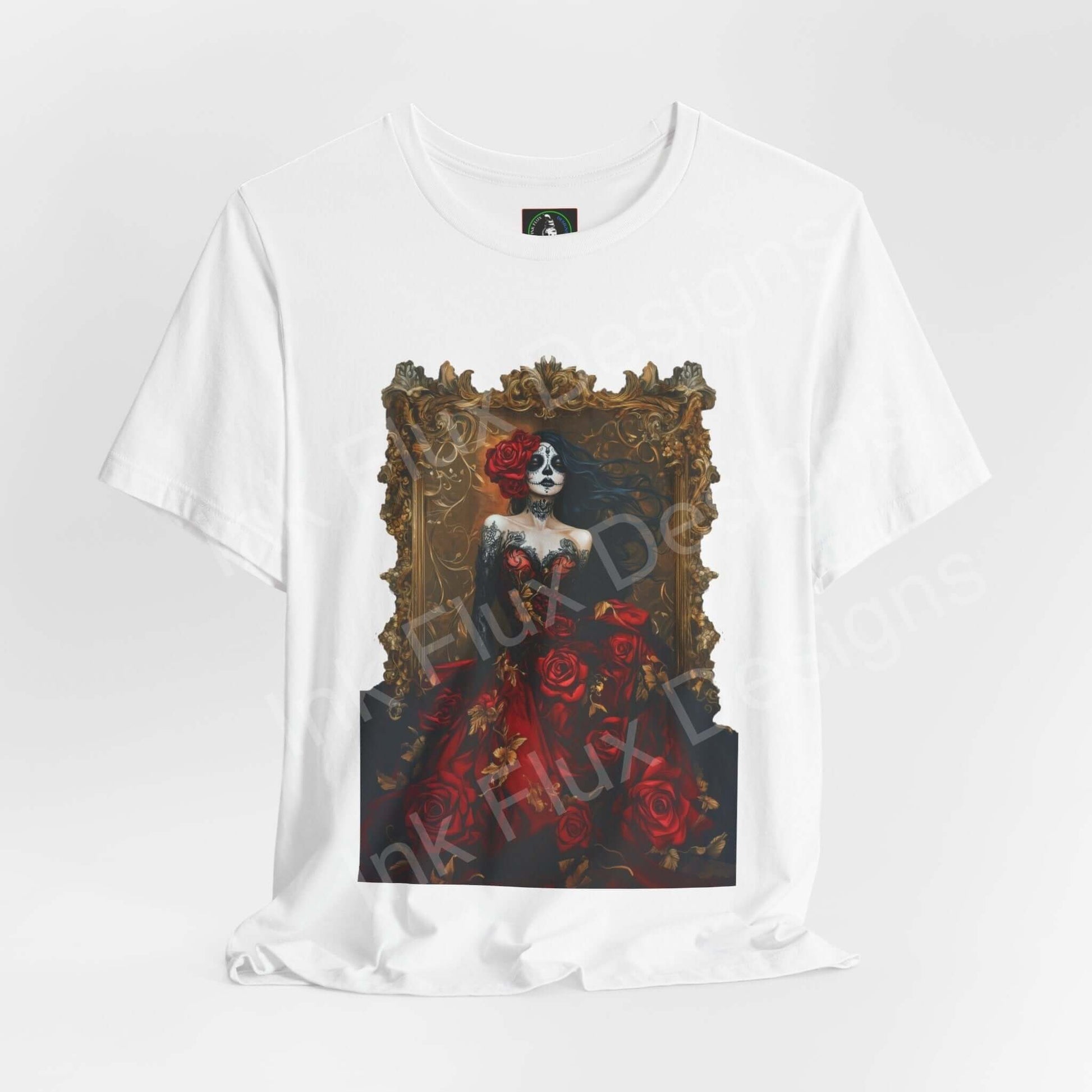 Day of the Dead themed graphic tee featuring a woman in a rose-adorned dress and skull makeup, perfect for DÃa de Muertos celebrations.