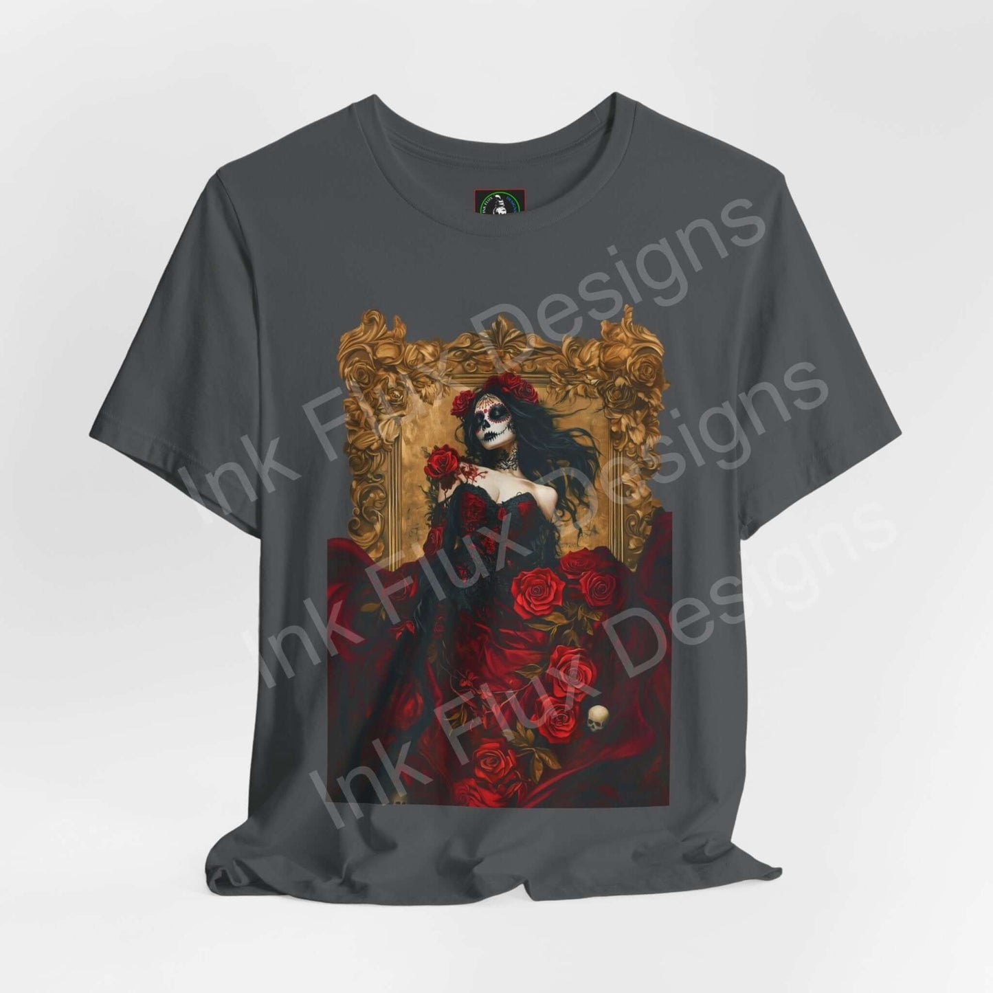 Unisex charcoal T-shirt featuring vibrant Day of the Dead graphic with skeleton and red roses design, from Bella+Canvas.