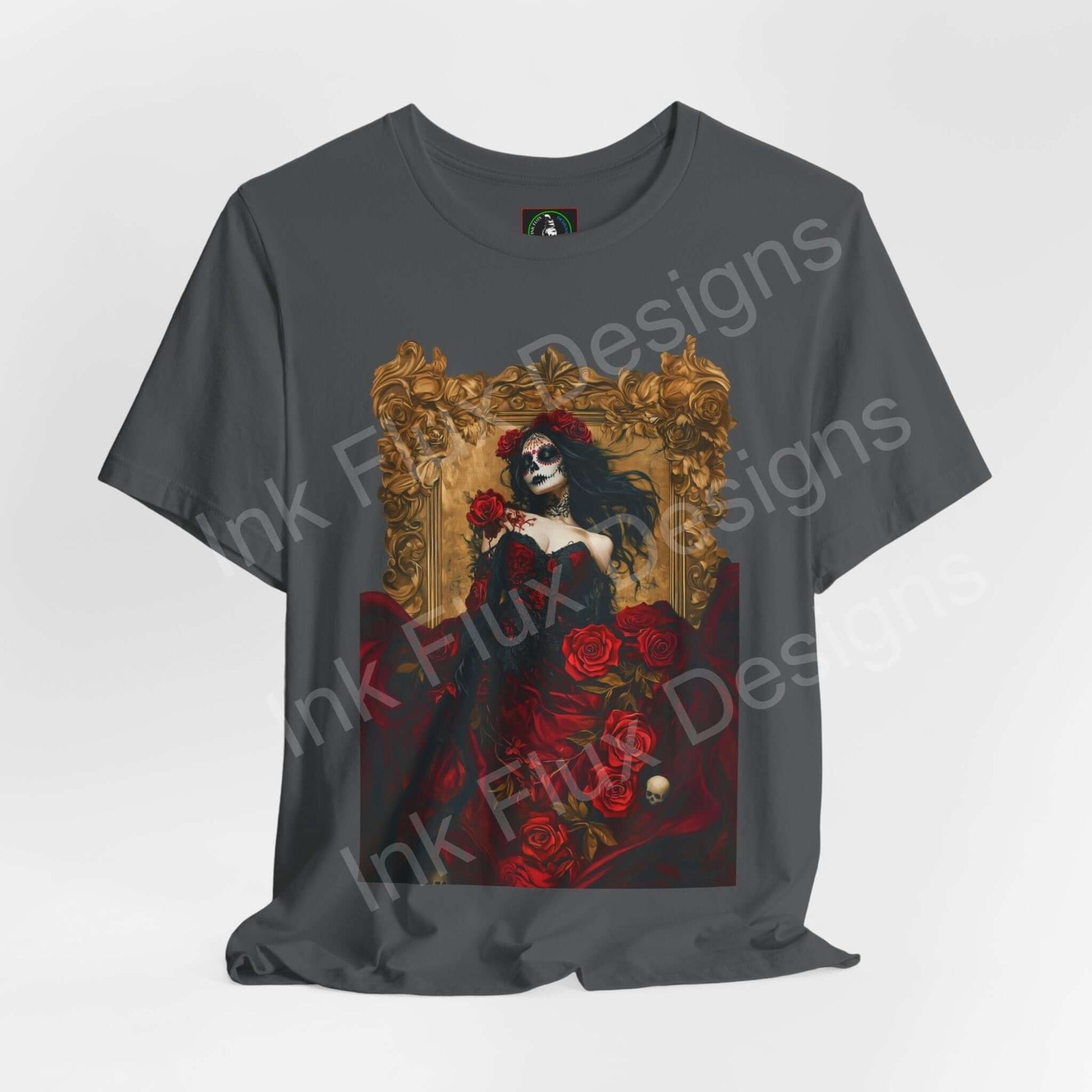 Unisex charcoal T-shirt featuring vibrant Day of the Dead graphic with skeleton and red roses design, from Bella+Canvas.