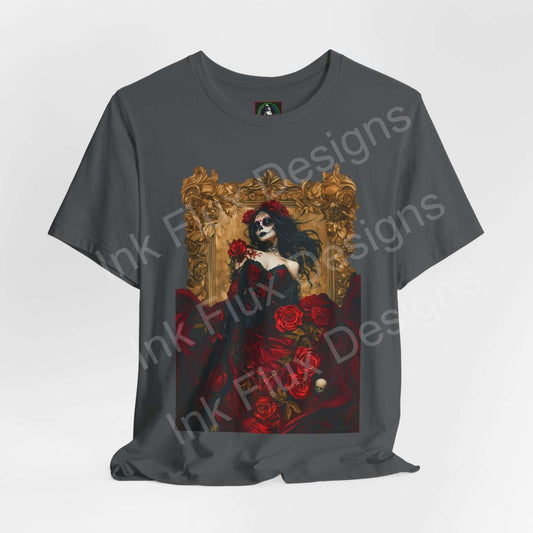 Unisex charcoal T-shirt featuring vibrant Day of the Dead graphic with skeleton and red roses design, from Bella+Canvas.