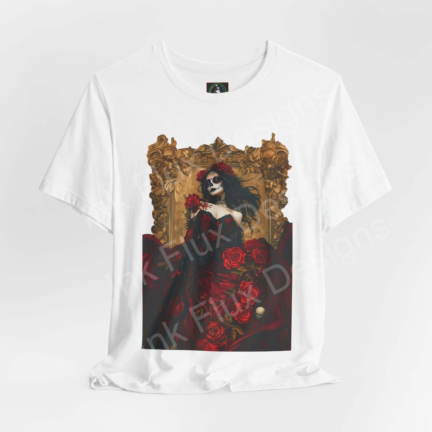 White unisex T-shirt featuring a Day of the Dead inspired 'Dress of Roses III' graphic with intricate rose and skull motifs, perfect for DÃa de Muertos celebrations.
