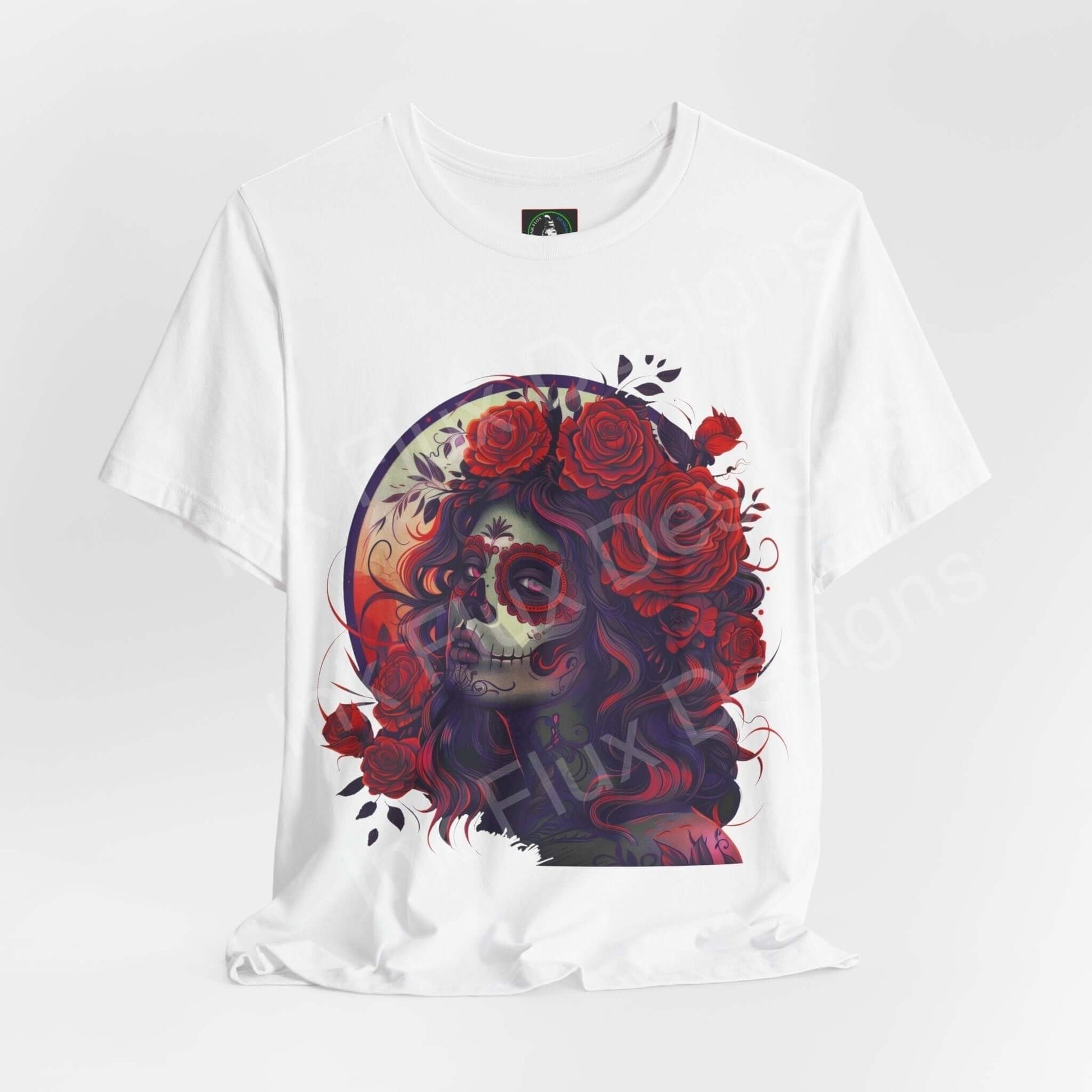 Day of the Dead themed graphic tee featuring a vibrant DÃa de Muertos skull design with red roses, on a white unisex T-shirt.