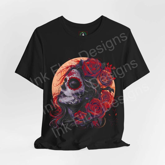 Black 'Day of the Dead II' T-shirt featuring a vibrant graphic design of a skull with roses, ideal for DÃa de Muertos celebrations.