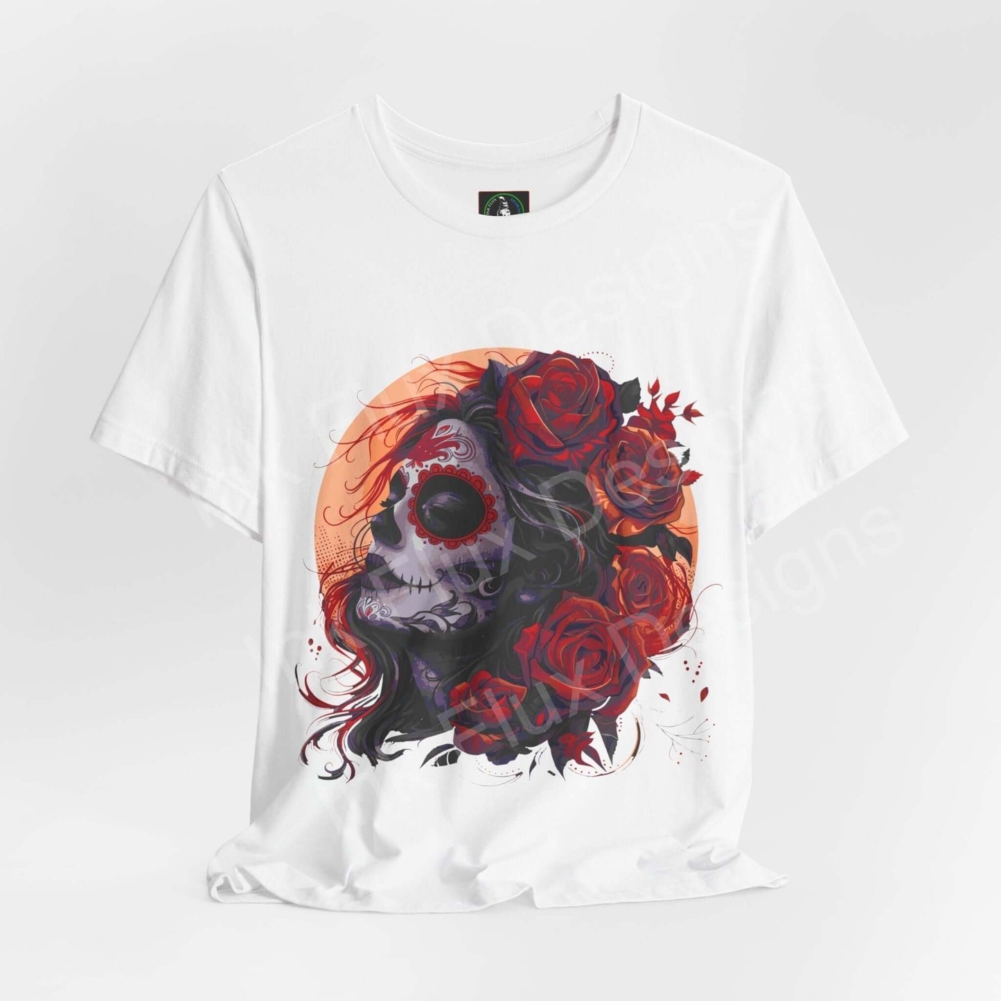 "Day of the Dead II graphic tee featuring a vibrant DÃa de Muertos skull and red roses design on a white unisex T-shirt"