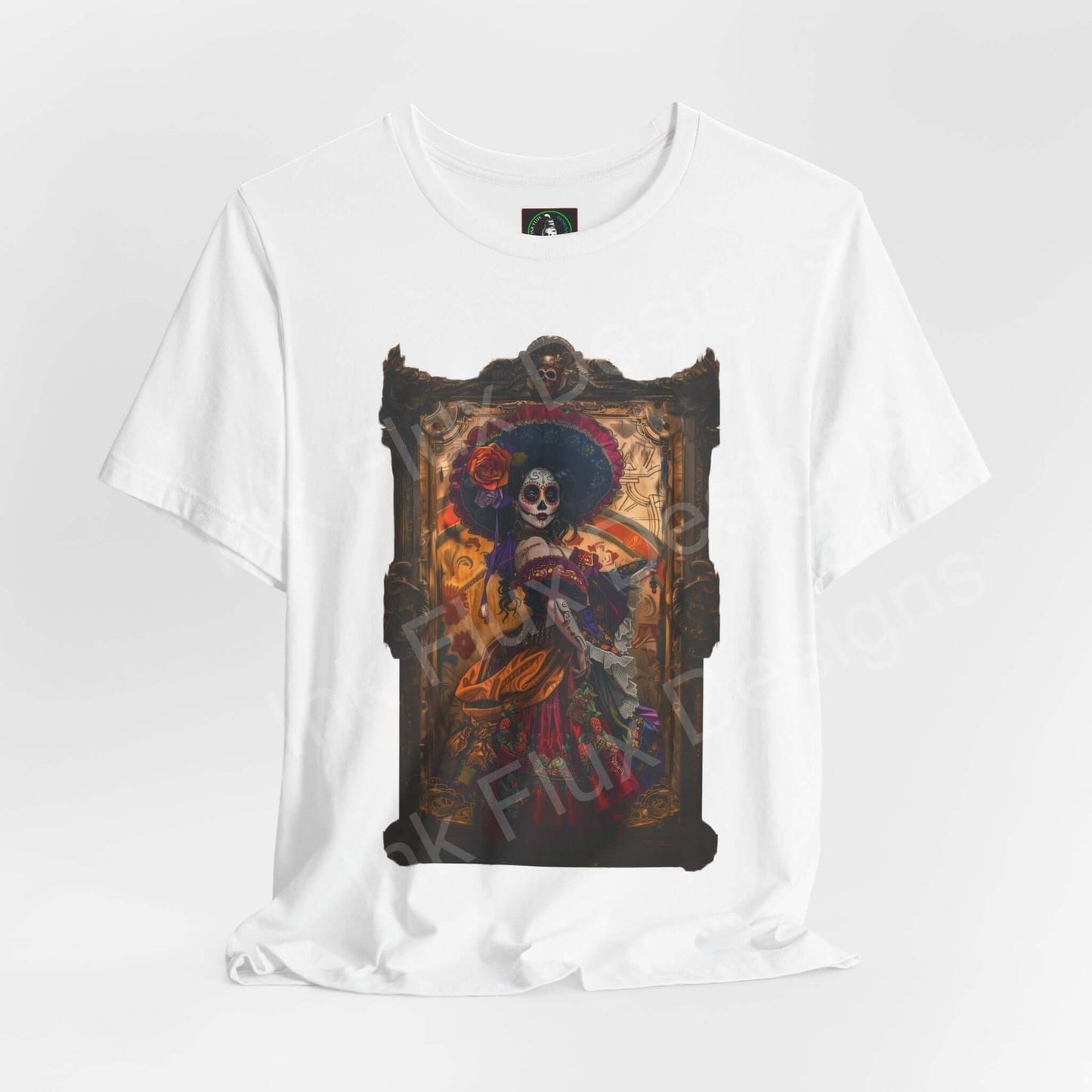 Day of the Dead themed graphic tee featuring a colorful DÃa de Muertos design, ideal for those seeking stylish and ethically made shirts.