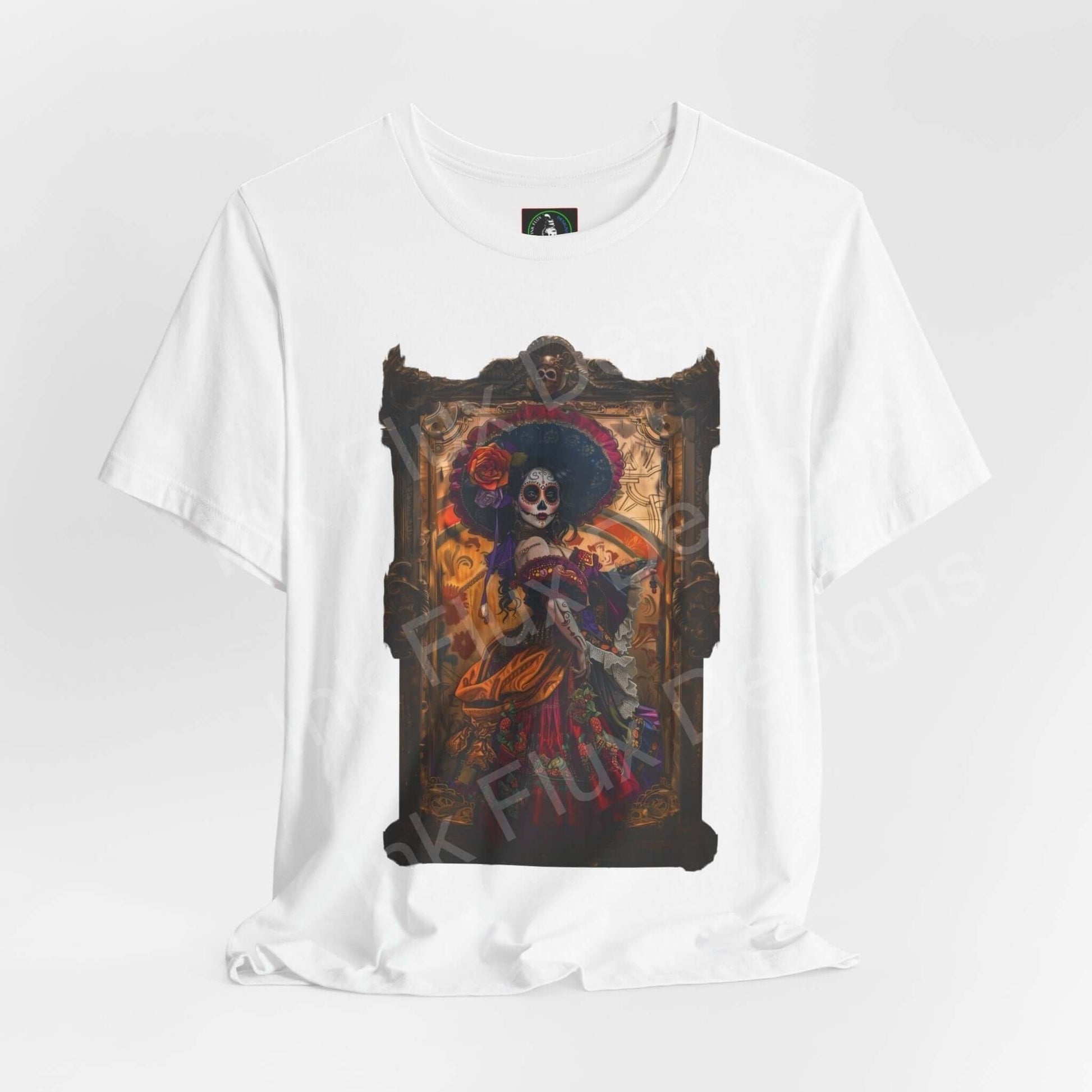 Day of the Dead themed graphic tee featuring a colorful DÃa de Muertos design, ideal for those seeking stylish and ethically made shirts.