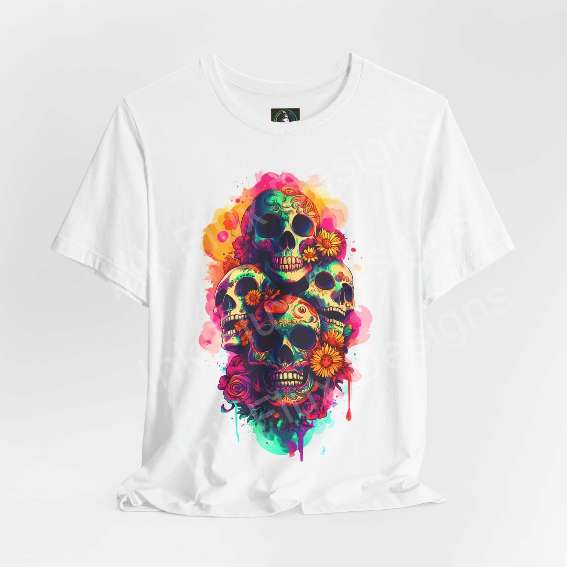 Colorful Day of the Dead graphic tee featuring vibrant skull designs, ideal for DÃa de Muertos celebrations, made from sustainable Airlume cotton.
