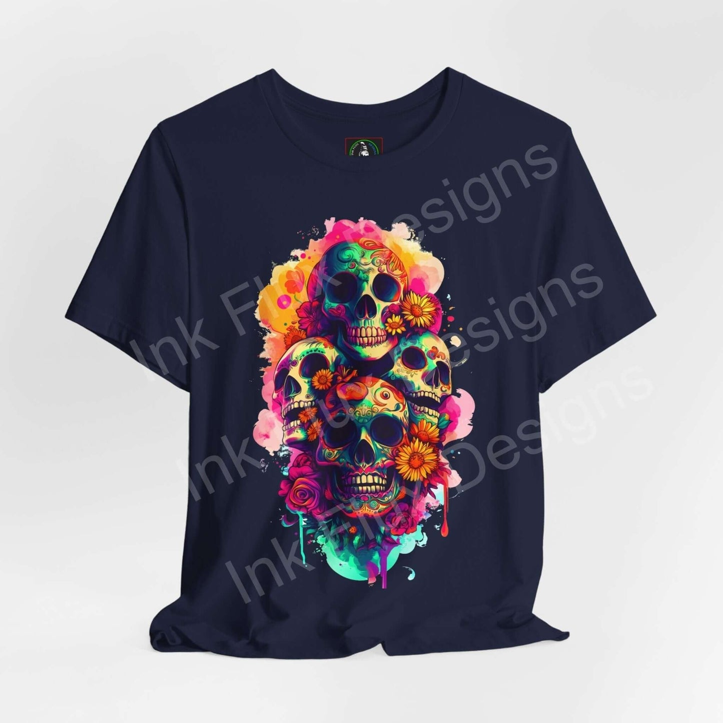 Navy Day of the Dead graphic tee featuring vibrant, colorful skull designs with floral accents, ideal for DÃa de Muertos celebrations.