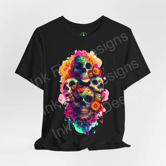 Colorful Day of the Dead skull design on a black T-shirt, featuring vibrant floral patterns for DÃa de Muertos, ideal for unisex graphic tees.