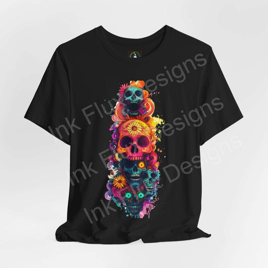 Black Day of the Dead graphic tee featuring vibrant, colorful skulls in traditional DÃa de Muertos style, designed for style and comfort.