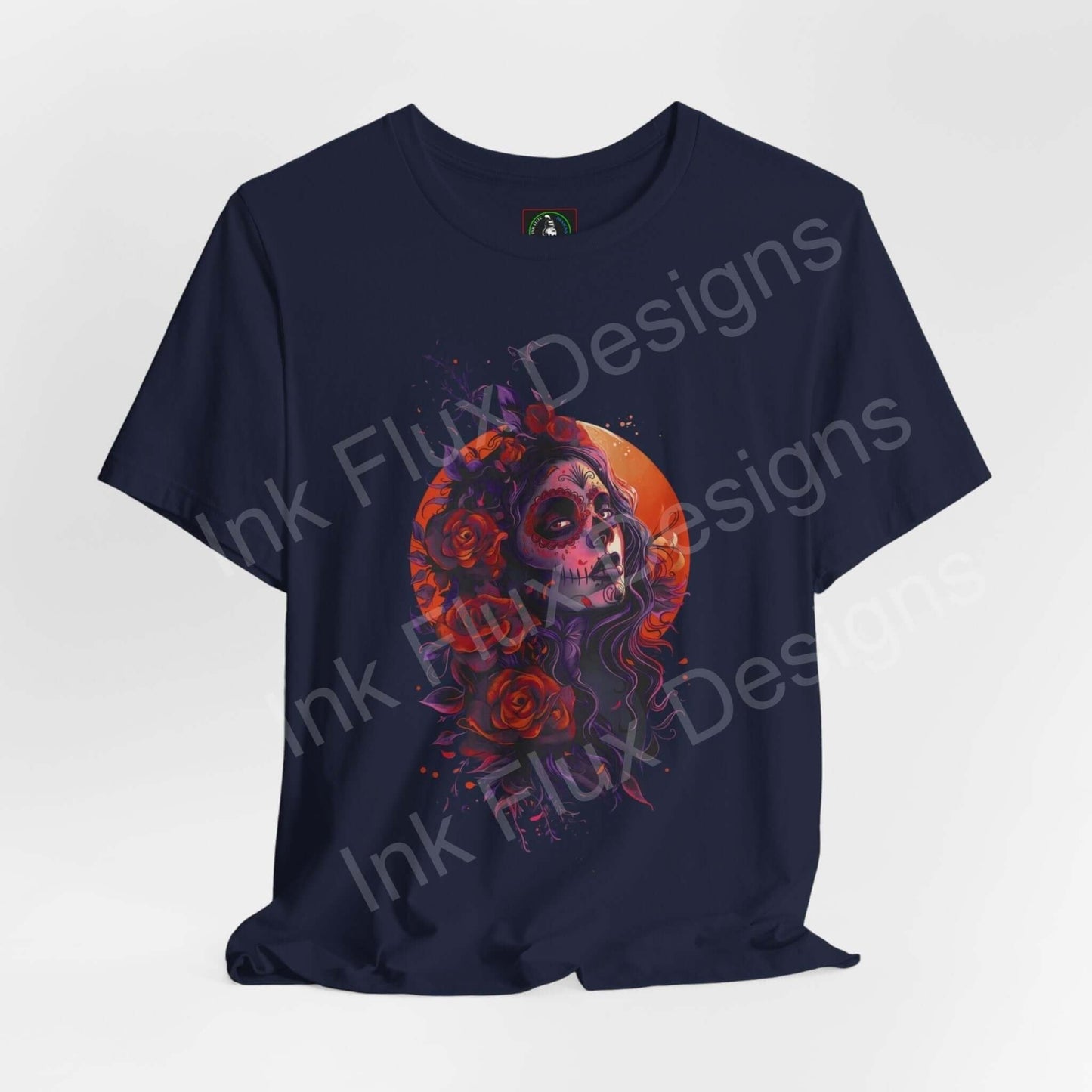 Navy Day of the Dead graphic tee featuring a colorful skull and roses design, ideal for DÃa de Muertos and casual wear.