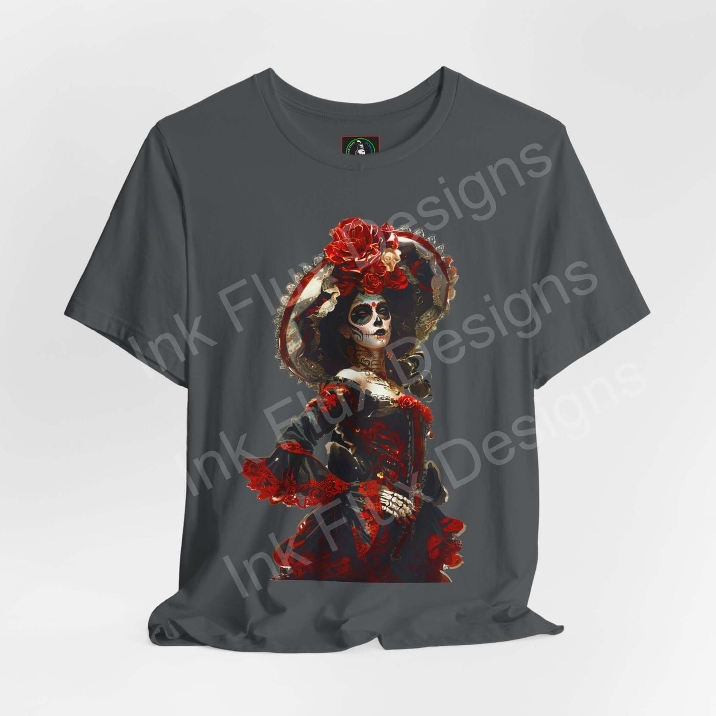 Graphically detailed Day of the Dead T-shirt featuring a skeleton figure adorned with red roses and traditional DÃa de Muertos attire.
