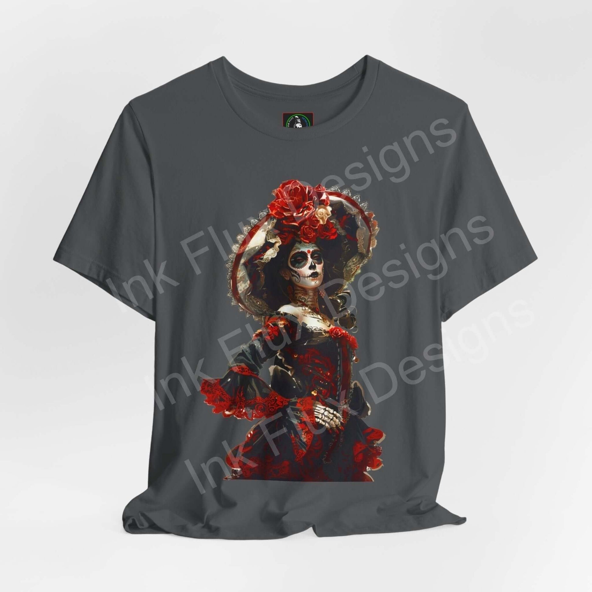 Graphically detailed Day of the Dead T-shirt featuring a skeleton figure adorned with red roses and traditional DÃa de Muertos attire.