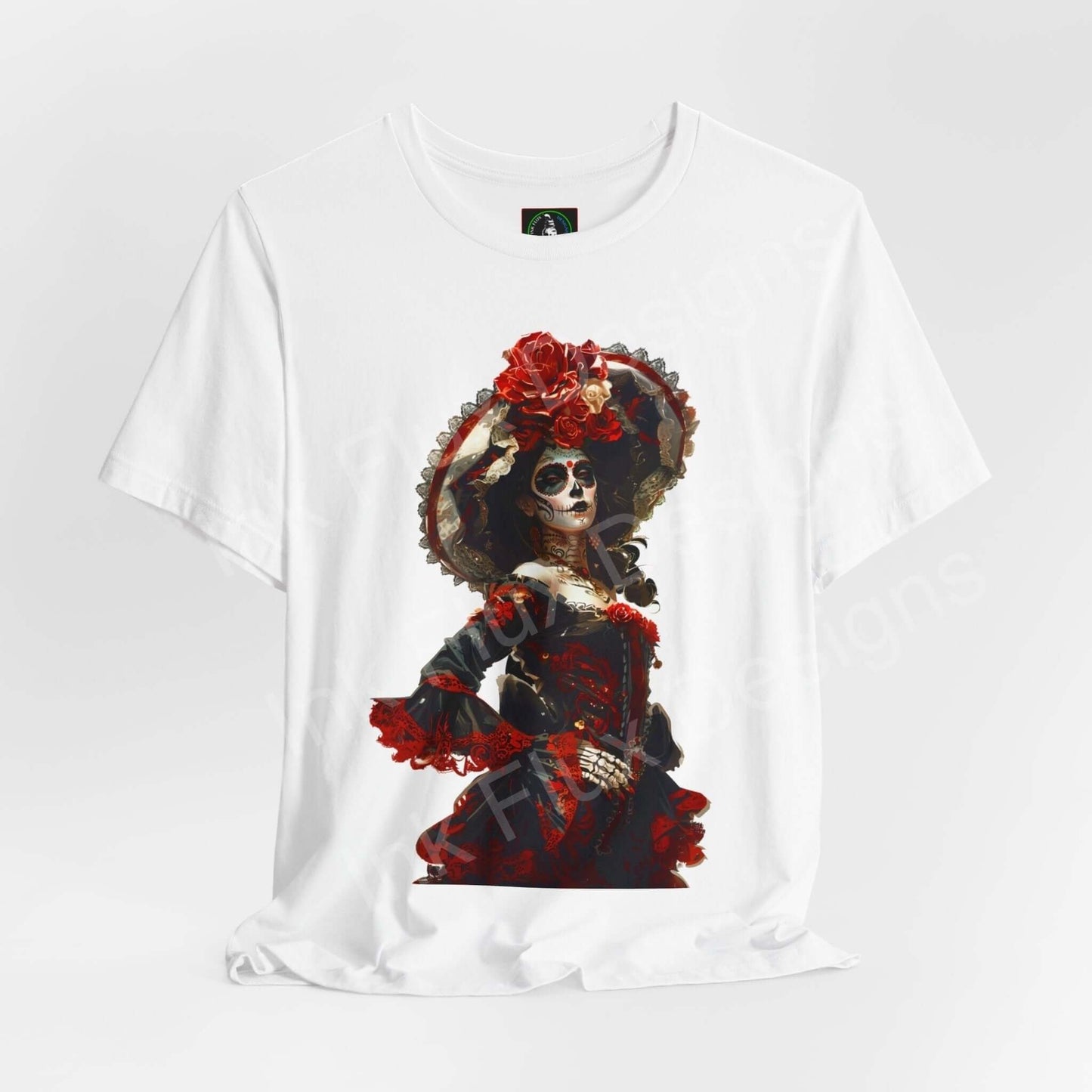 Day of the Dead themed graphic tee featuring a skull with vibrant red floral headdress on a white T-shirt, perfect for DÃa de Muertos celebrations.