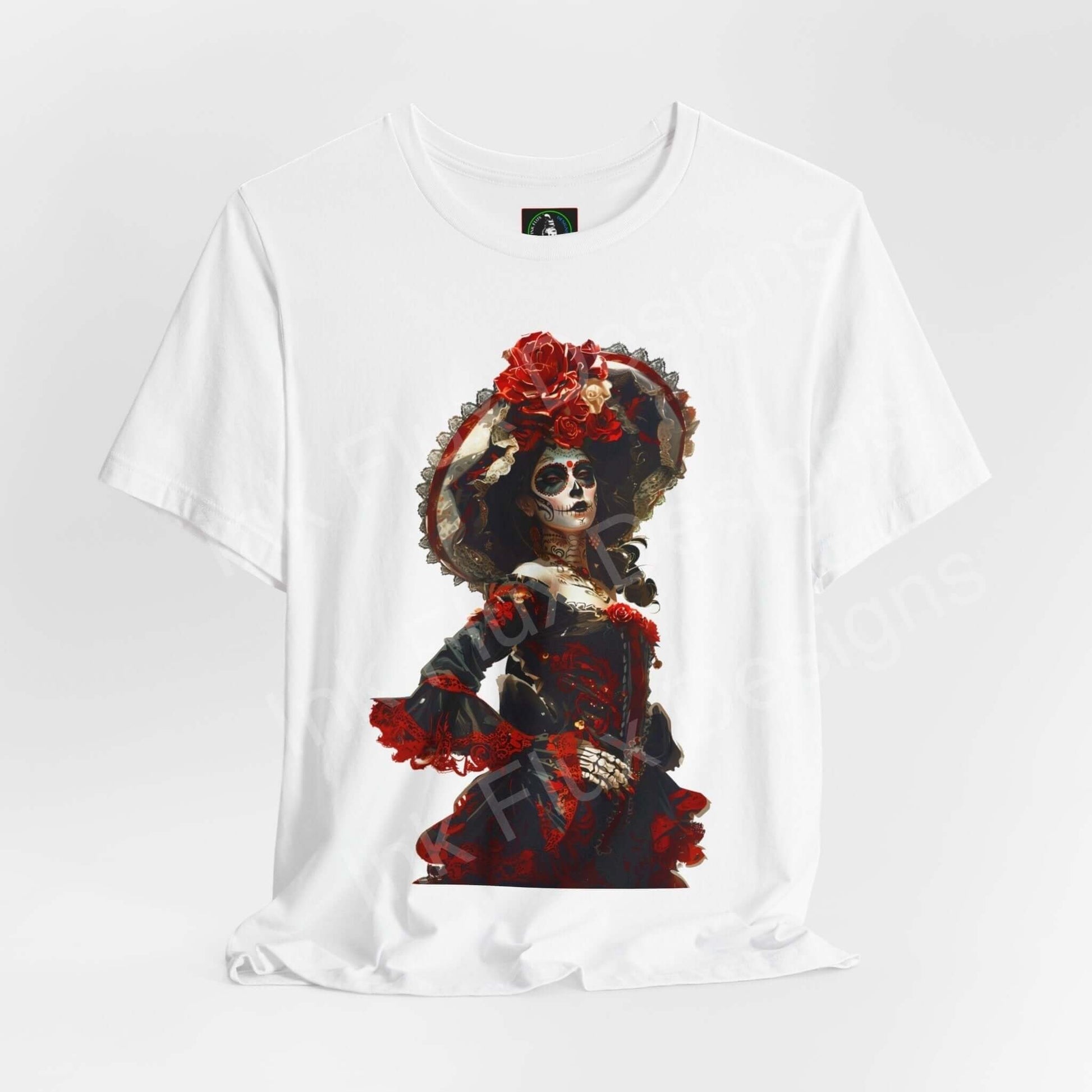 Day of the Dead themed graphic tee featuring a skull with vibrant red floral headdress on a white T-shirt, perfect for DÃa de Muertos celebrations.