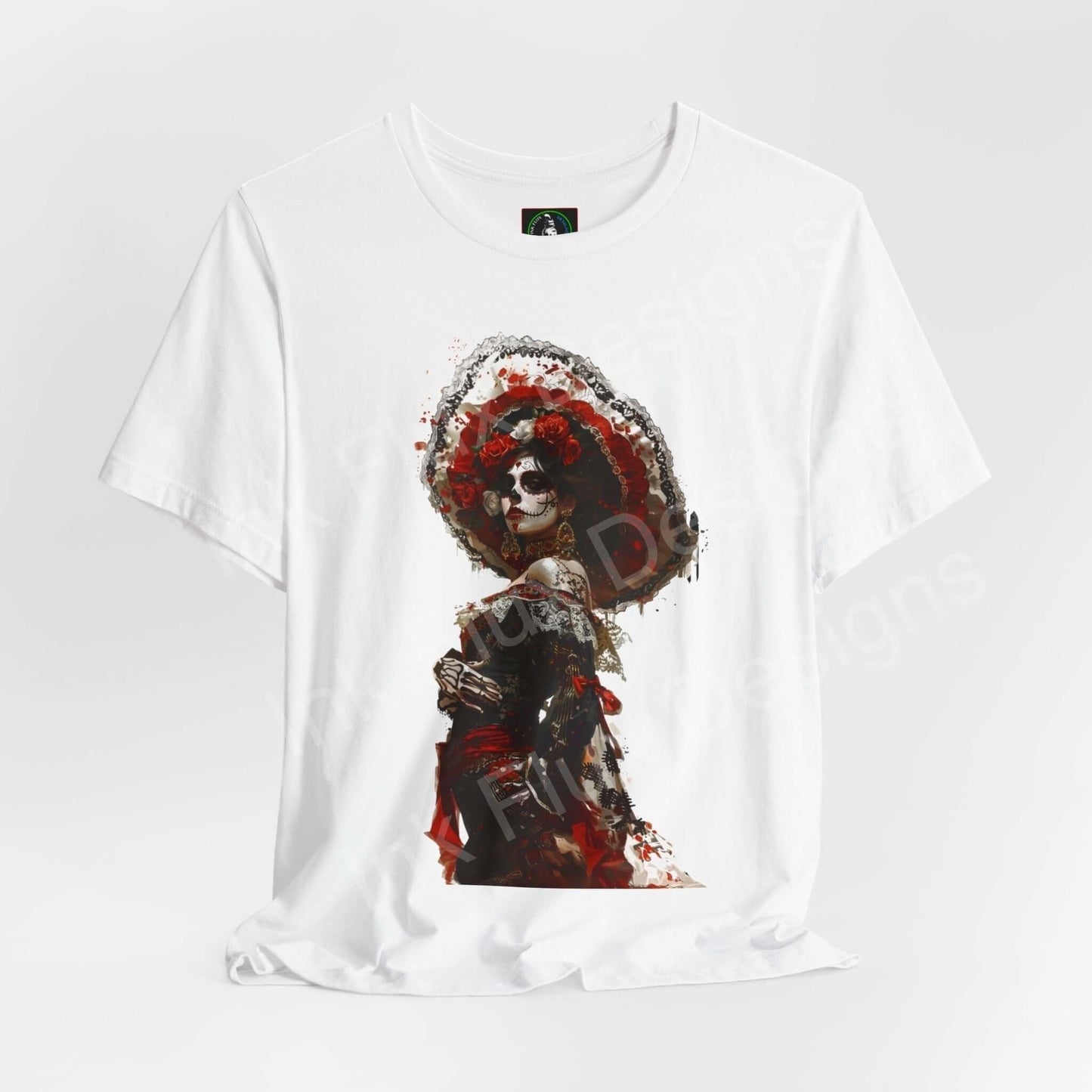 Day of the Dead themed graphic tee featuring a vibrant DÃa de Muertos design with a skeleton in traditional attire, perfect for cultural events and casual wear.