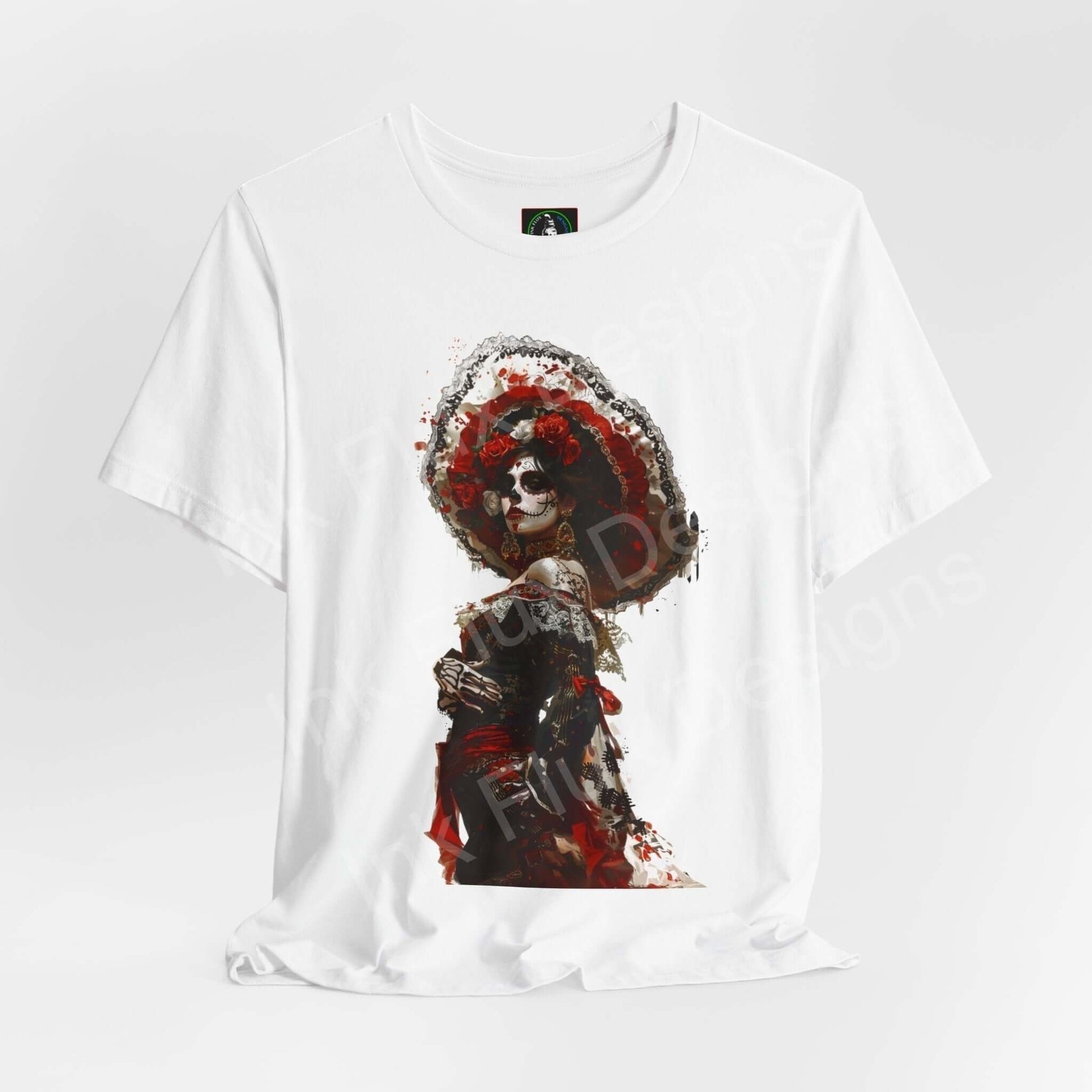 Day of the Dead themed graphic tee featuring a vibrant DÃa de Muertos design with a skeleton in traditional attire, perfect for cultural events and casual wear.