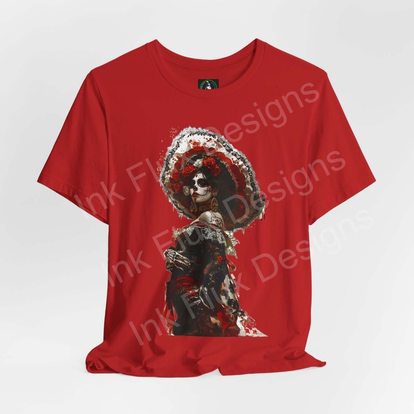 Red Day of the Dead T-shirt featuring a detailed DÃa de Muertos graphic design, crafted from soft Airlume cotton, ideal for style and comfort.