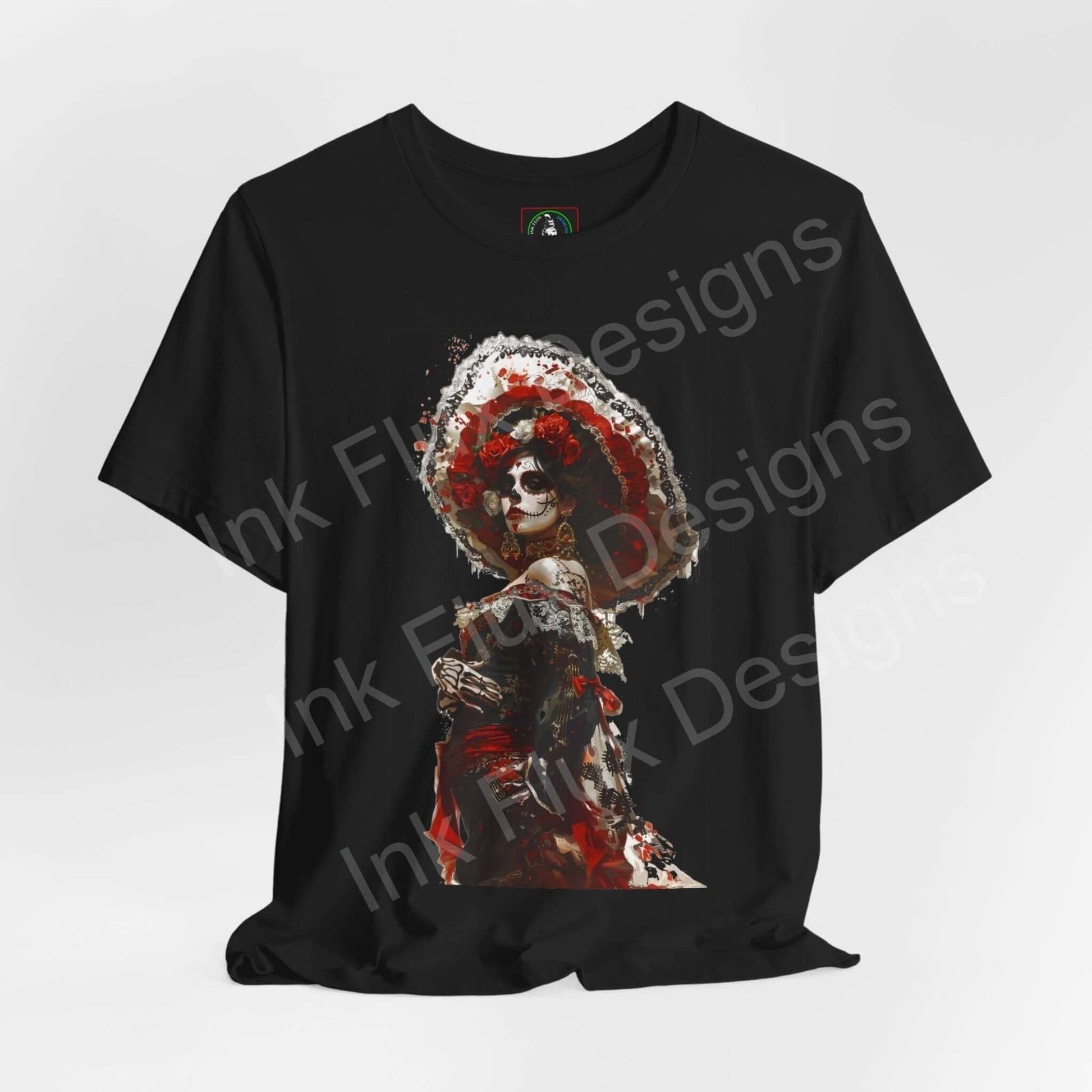 Day of the Dead themed graphic tee featuring a vibrant DÃa de Muertos design on a black shirt, ideal for T-shirt collectors and cultural enthusiasts.