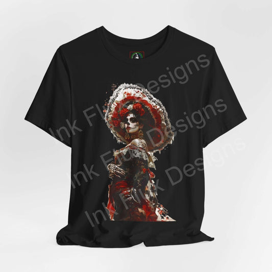 Day of the Dead themed graphic tee featuring a vibrant DÃa de Muertos design on a black shirt, ideal for T-shirt collectors and cultural enthusiasts.