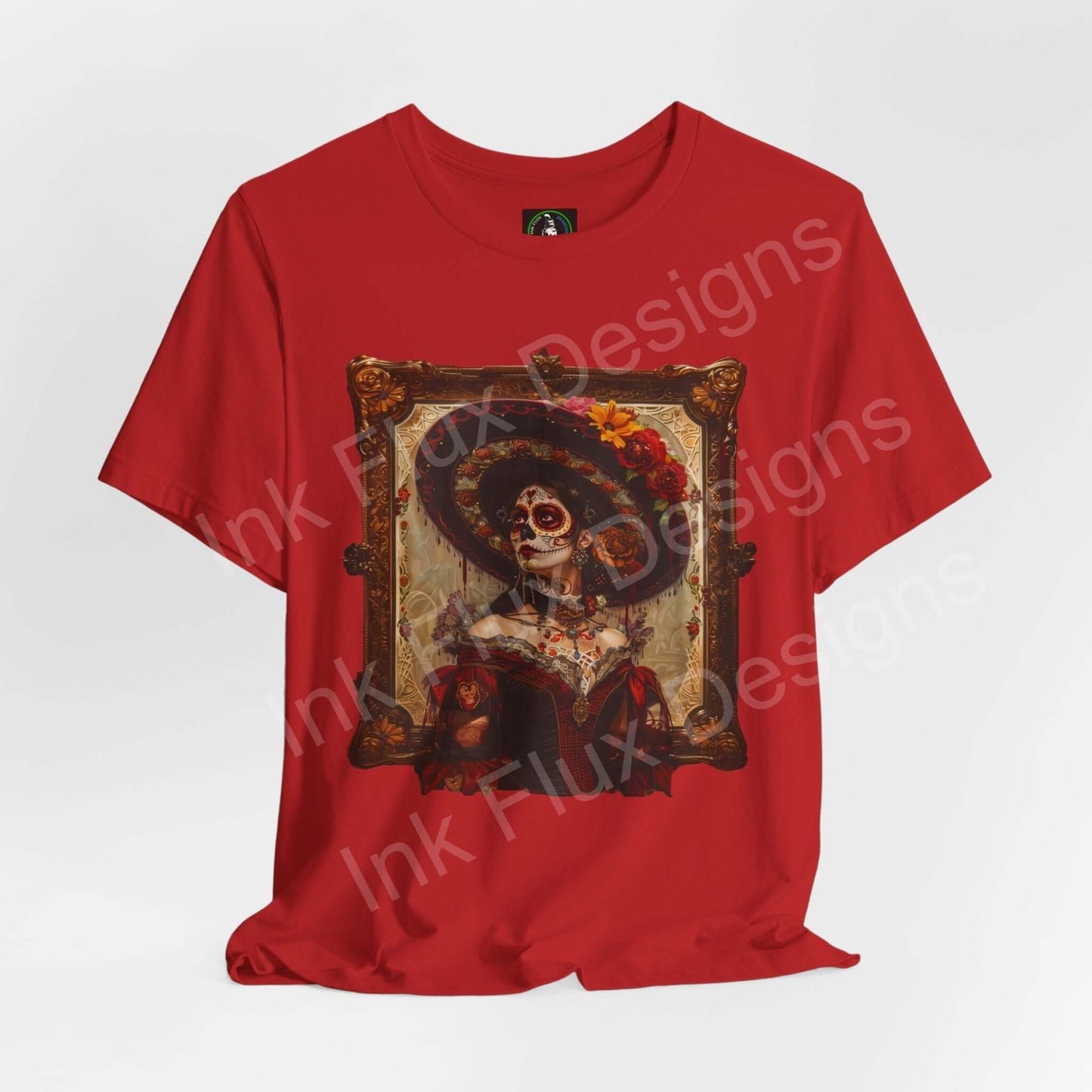 Red Day of the Dead T-shirt with a vibrant graphic of a skeleton wearing a floral crown and traditional attire, perfect for DÃa de Muertos celebrations.