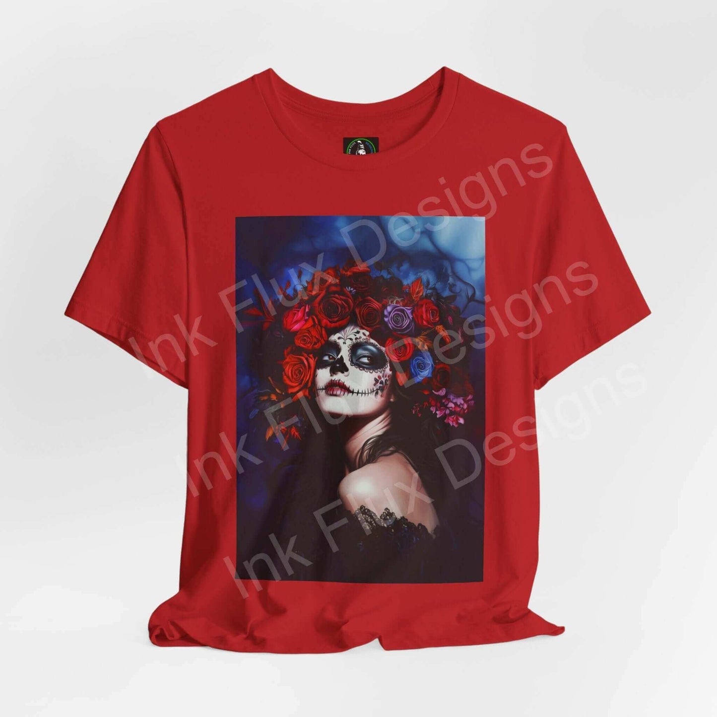 Red Day of the Dead graphic tee featuring a woman's portrait with skull makeup and floral crown, ideal for DÃa de Muertos.