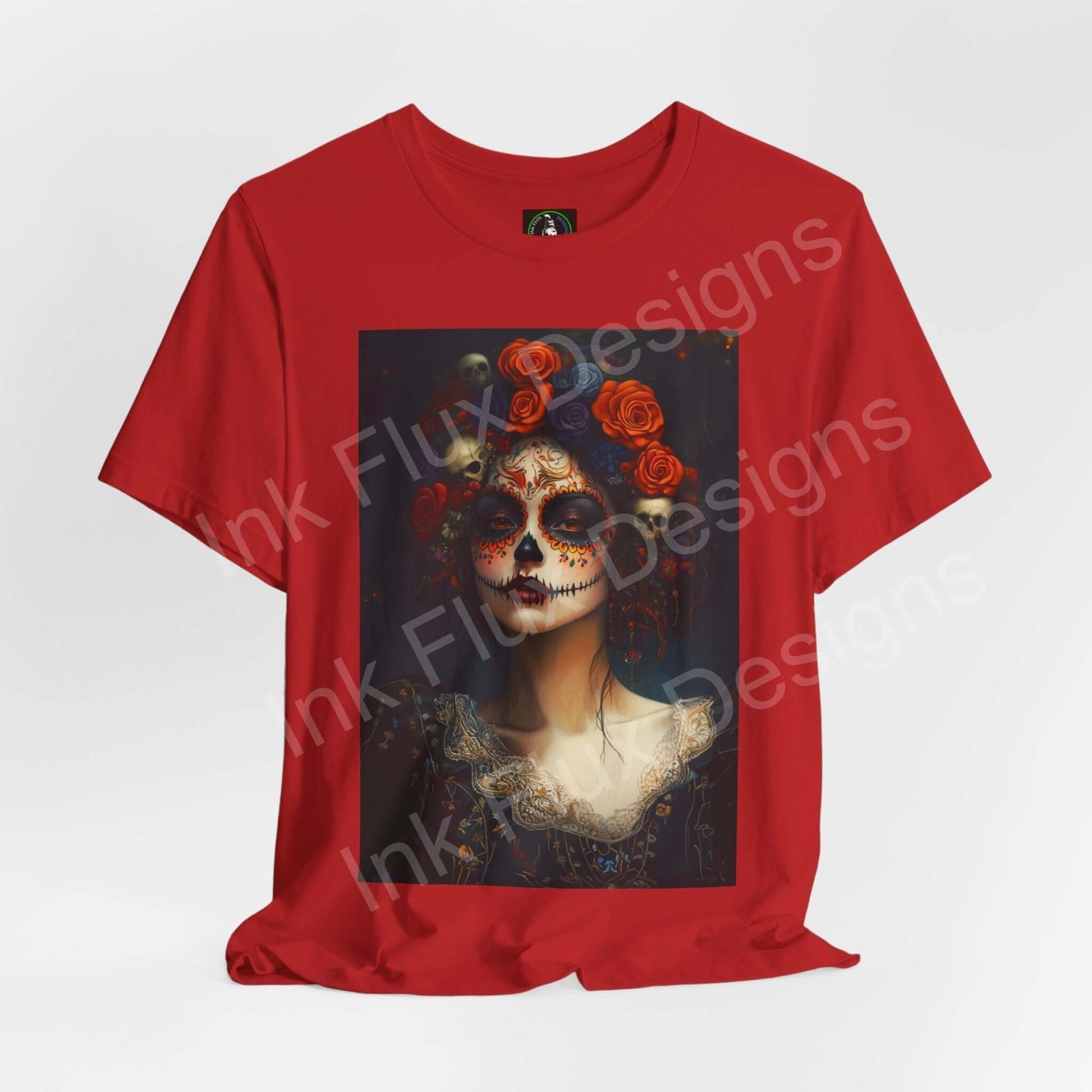 Red Day of the Dead T-shirt featuring a graphic of a woman with traditional DÃa de Muertos makeup and floral adornments