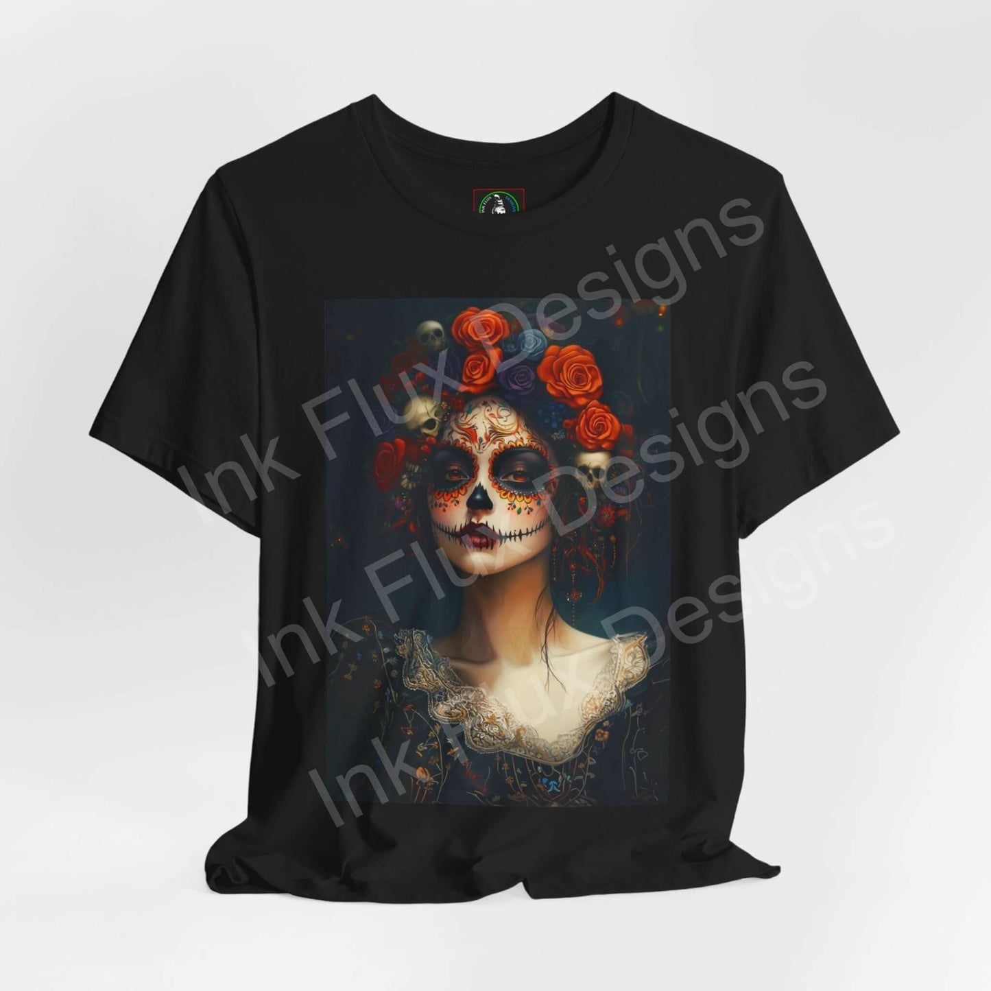 Stylish black T-shirt featuring a colorful Day of the Dead portrait with floral accents, ideal for DÃa de Muertos celebrations.