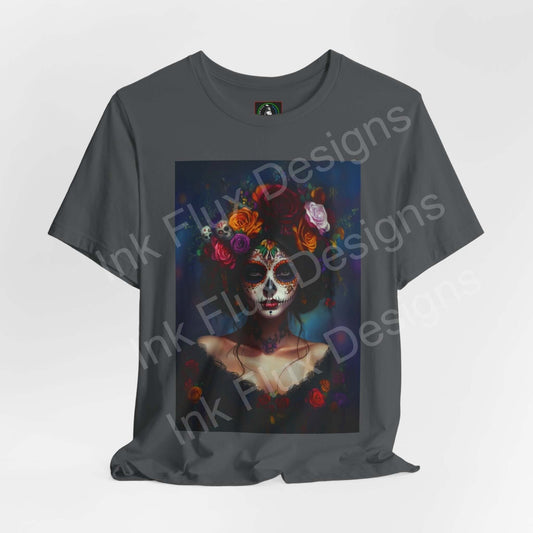 Day of the Dead-themed graphic tee featuring a woman's portrait with a colorful floral skull design, perfect for DÃa de Muertos celebrations.