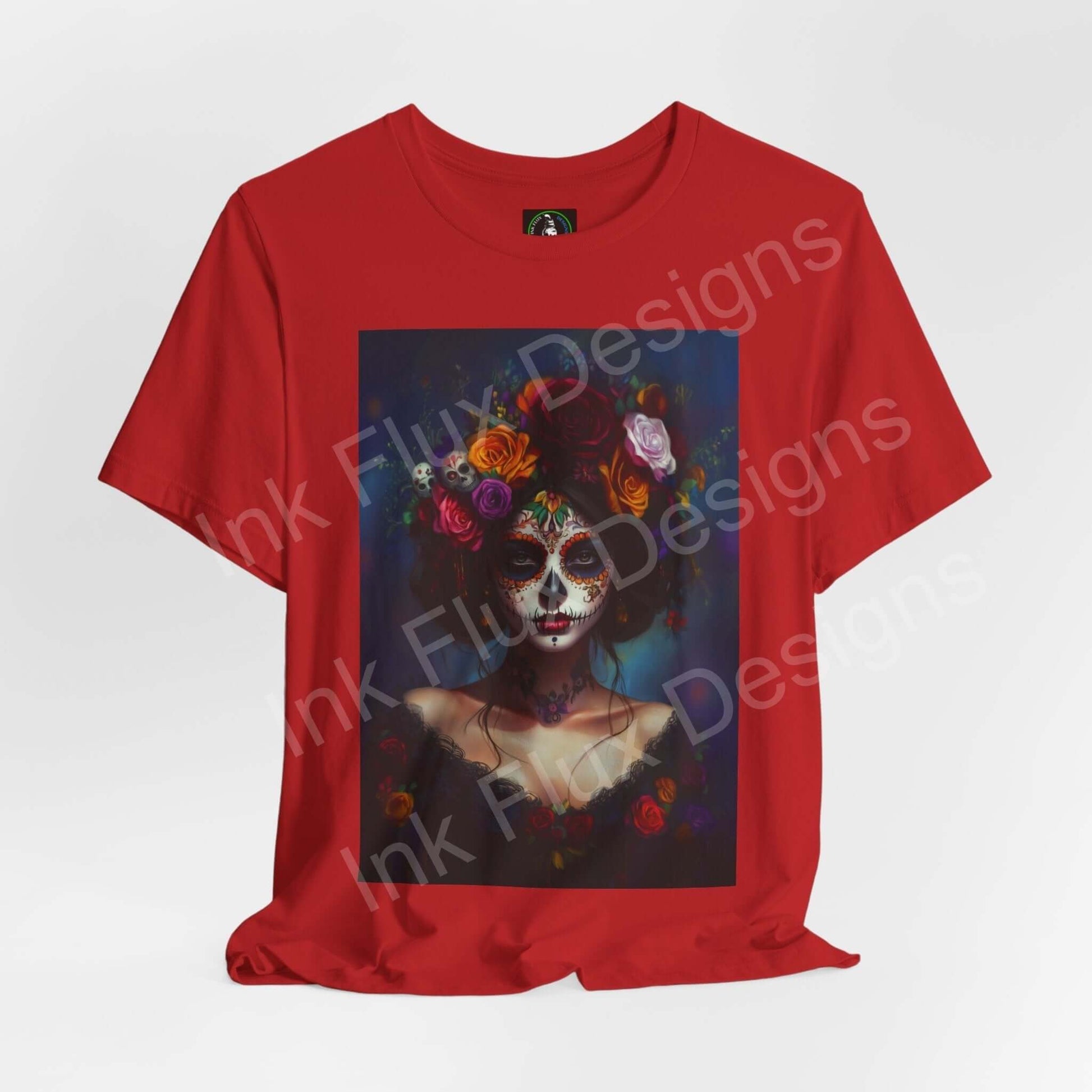 Red T-shirt featuring a Day of the Dead woman's portrait with colorful floral details, from the "Day of the dead Woman's Portrait III" series.