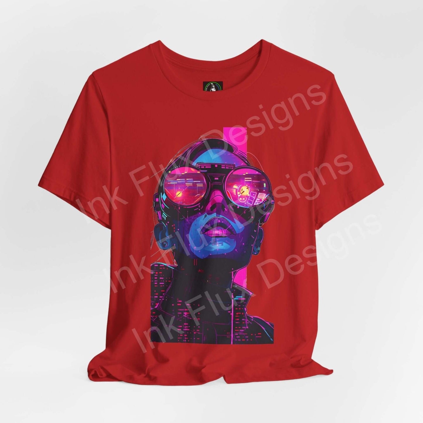 Red unisex T-shirt with a vibrant cyberpunk graphic design featuring a neon-colored futuristic face, from Bella+Canvas's eco-friendly range.