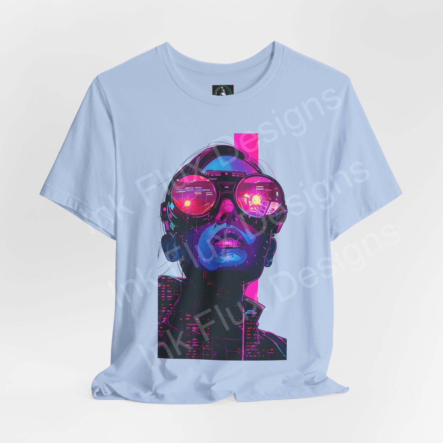 Light blue unisex T-shirt featuring a bold cyberpunk graphic design with neon colors and futuristic cityscape, ideal for stylish graphic tees lovers.
