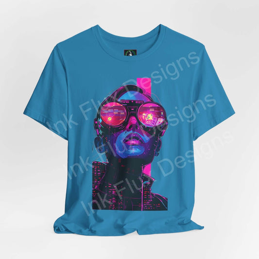 Cyberpunk graphic tee featuring a vibrant neon design on a blue unisex T-shirt, styled for comfort and fashion.