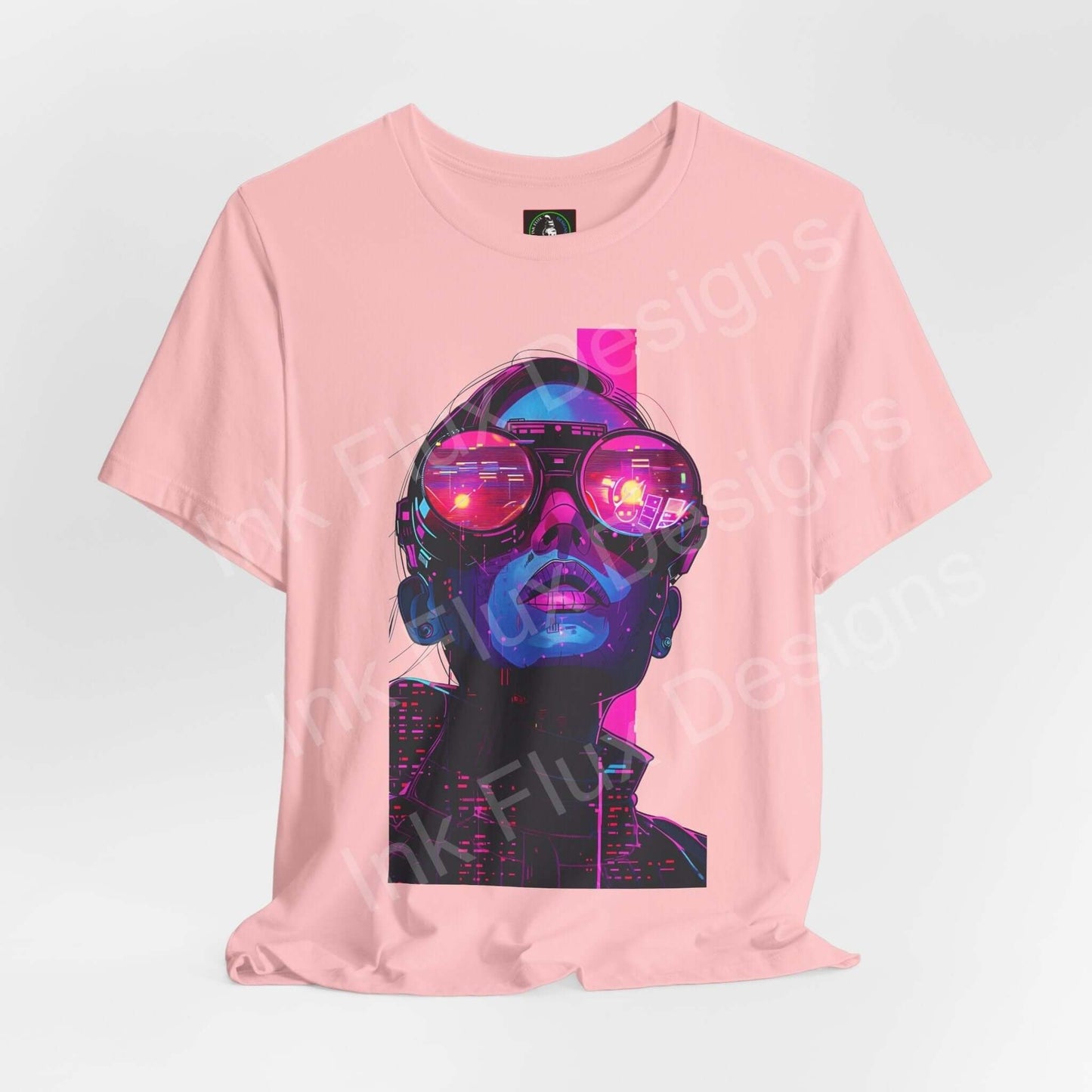Pink unisex T-shirt featuring a vibrant cyberpunk graphic of a face with neon glasses, part of the Digital Shades II collection by Bella+Canvas.