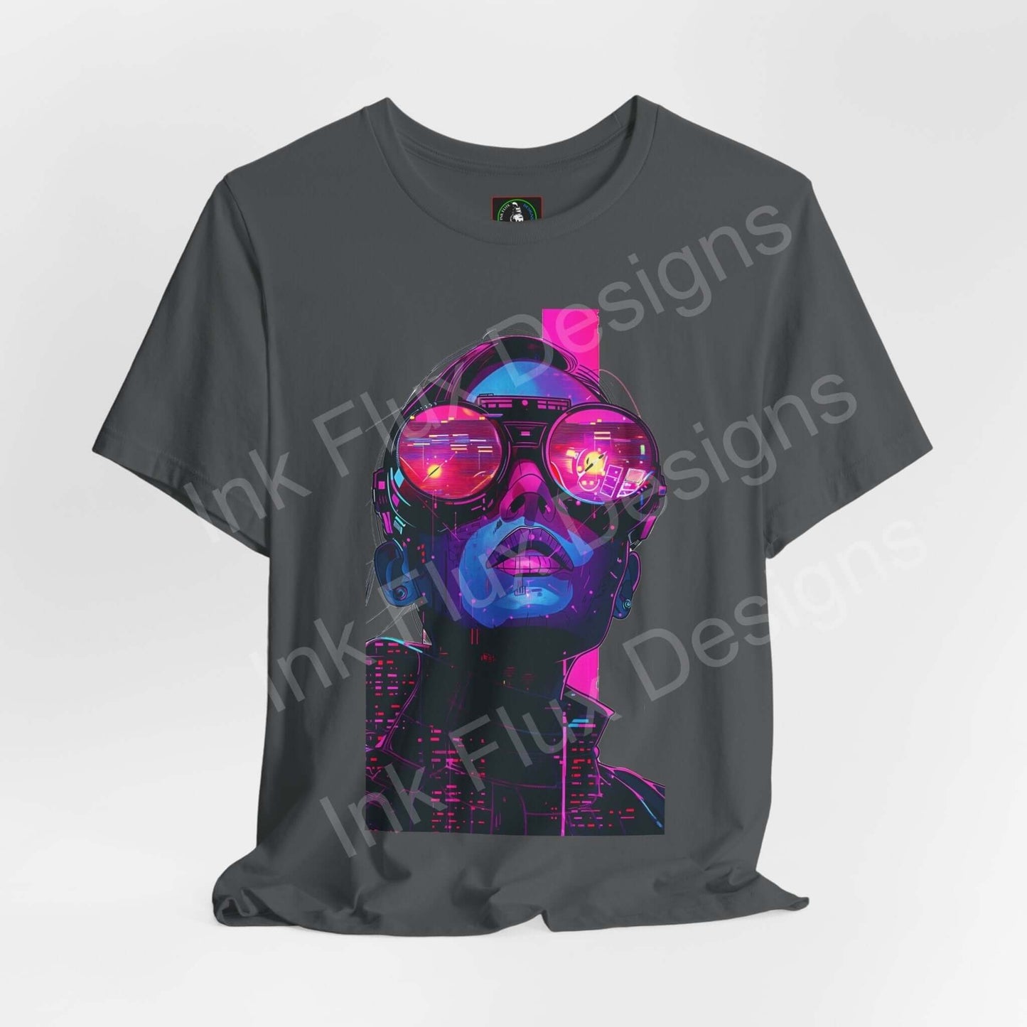 Cyberpunk graphic tee featuring a vibrant digital face design on a gray unisex T-shirt from Bella+Canvas, highlighting style and comfort.