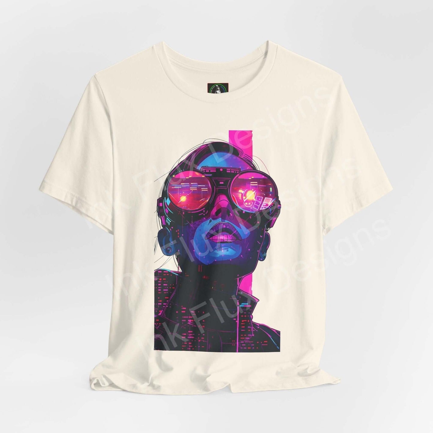 Cyberpunk-inspired graphic tee featuring a vibrant neon cityscape and stylized facial design on a unisex cream jersey T-shirt by Bella+Canvas.