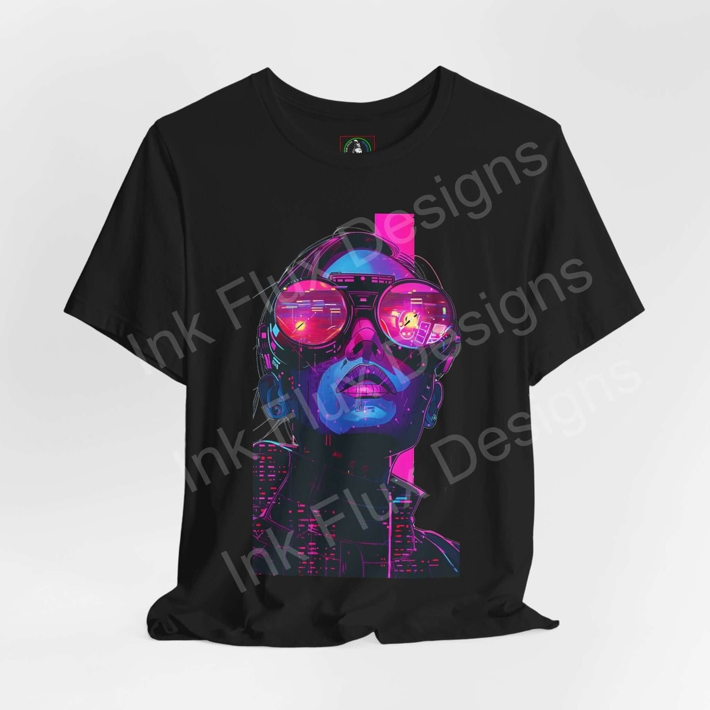 Black unisex T-shirt featuring a vibrant cyberpunk graphic design with neon pink and blue shades, perfect for fans of futuristic graphic tees.